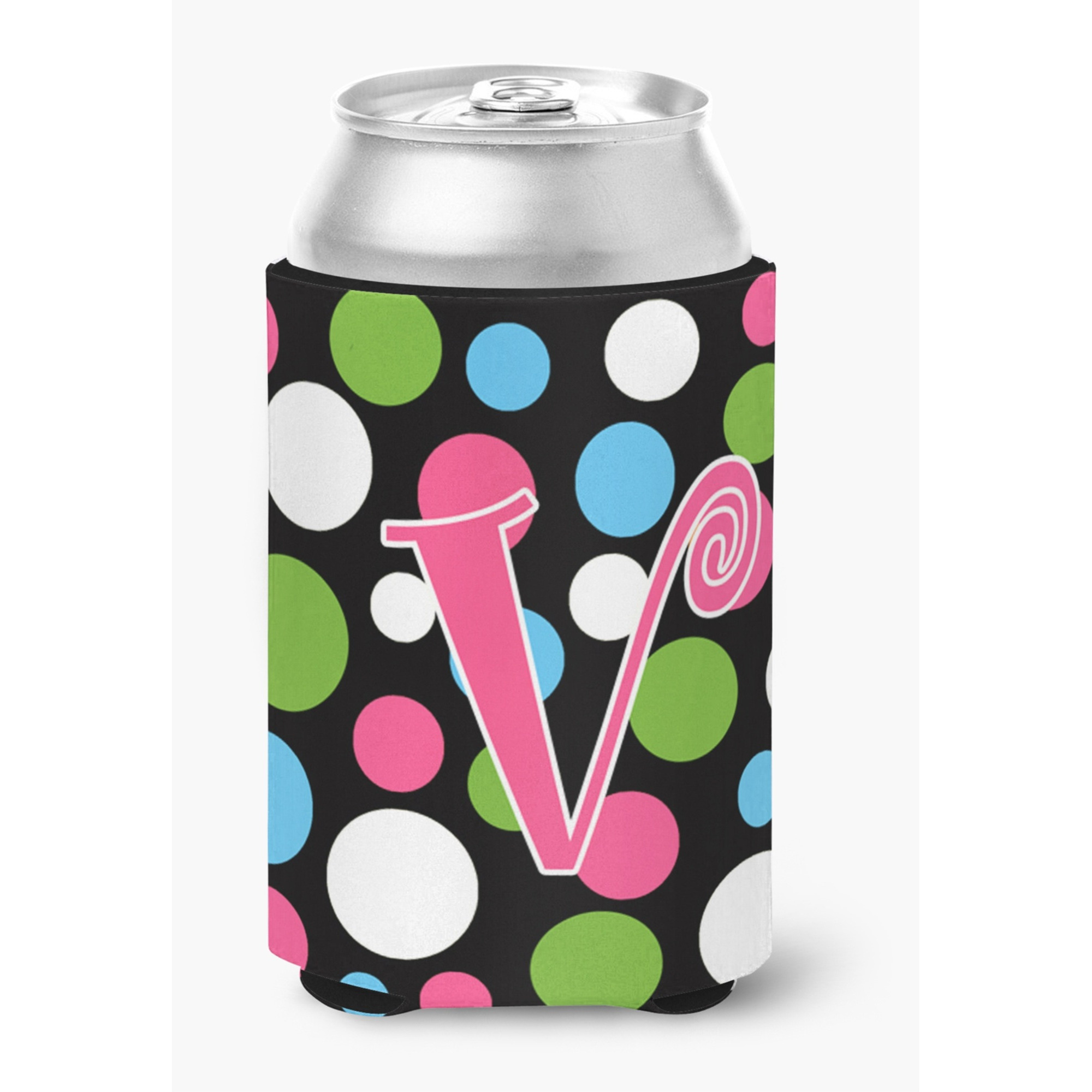 Letter V Initial Monogram - Polkadots and Pink Can or Bottle Beverage Insulator Hugger
