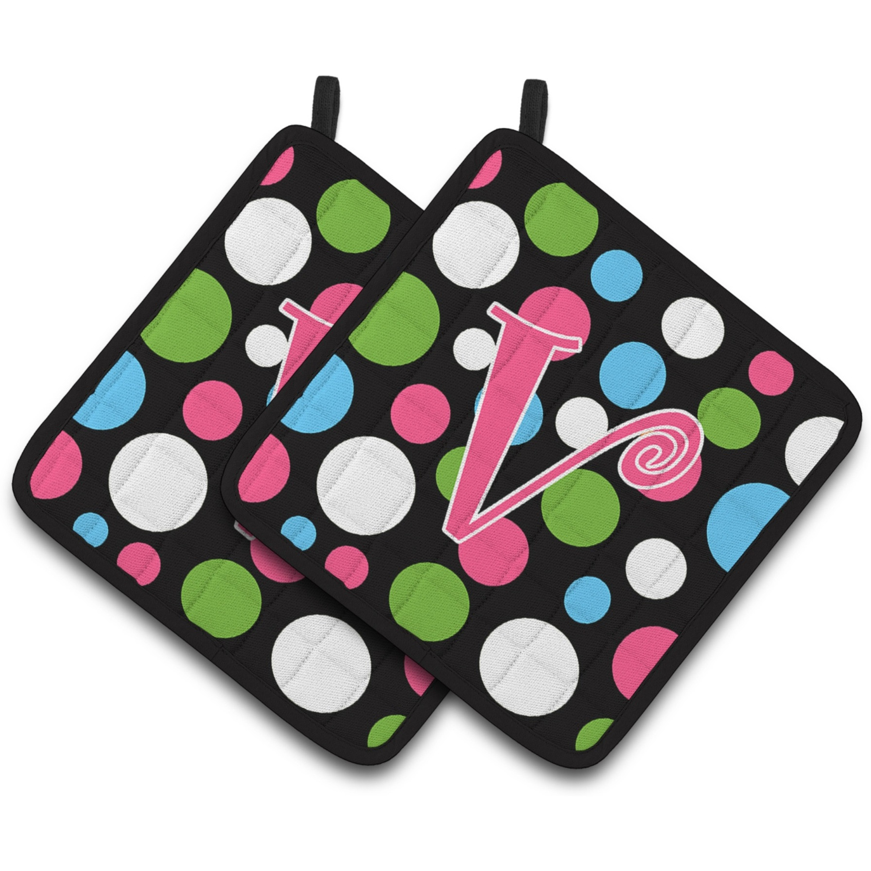 &quotCaroline's Treasures Monogram Initial V Polkadots & Pink Pair of Pot Holders CJ1038-VPTHD, 7.5HX7.5W, Multicolor"