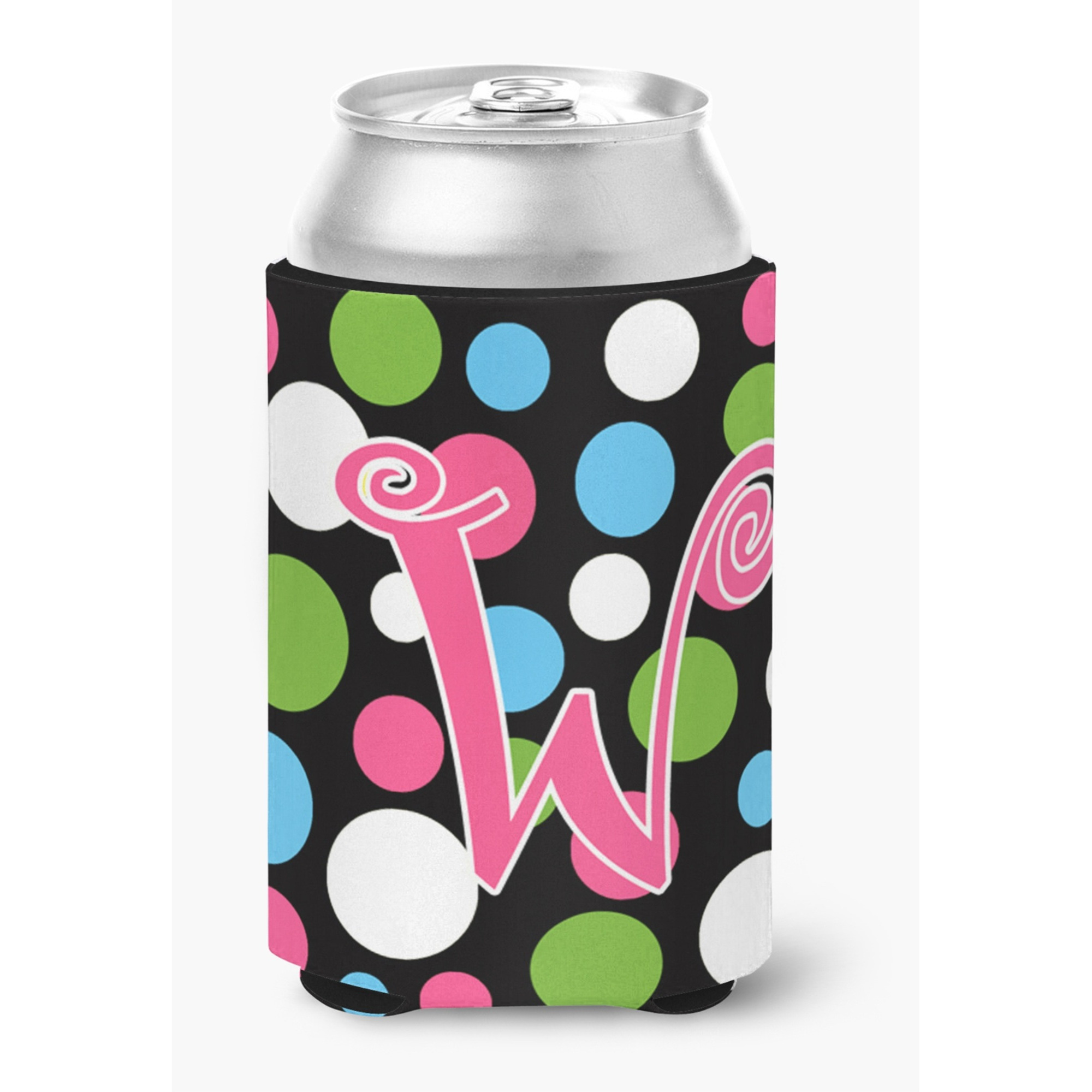 Letter W Initial Monogram - Polkadots and Pink Can or Bottle Beverage Insulator Hugger