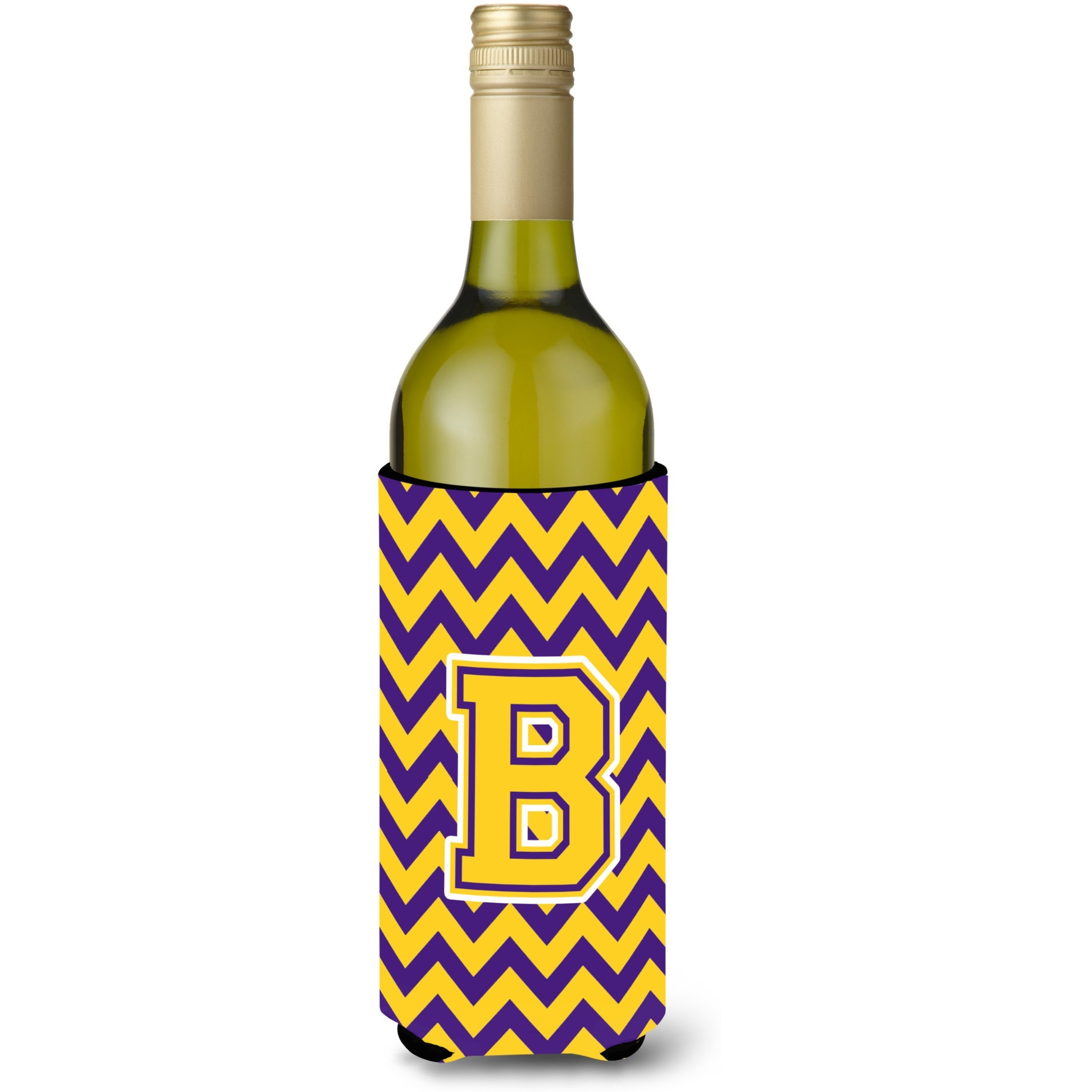 Letter B Chevron Purple and Gold Wine Bottle Beverage Insulator Hugger CJ1041-BLITERK