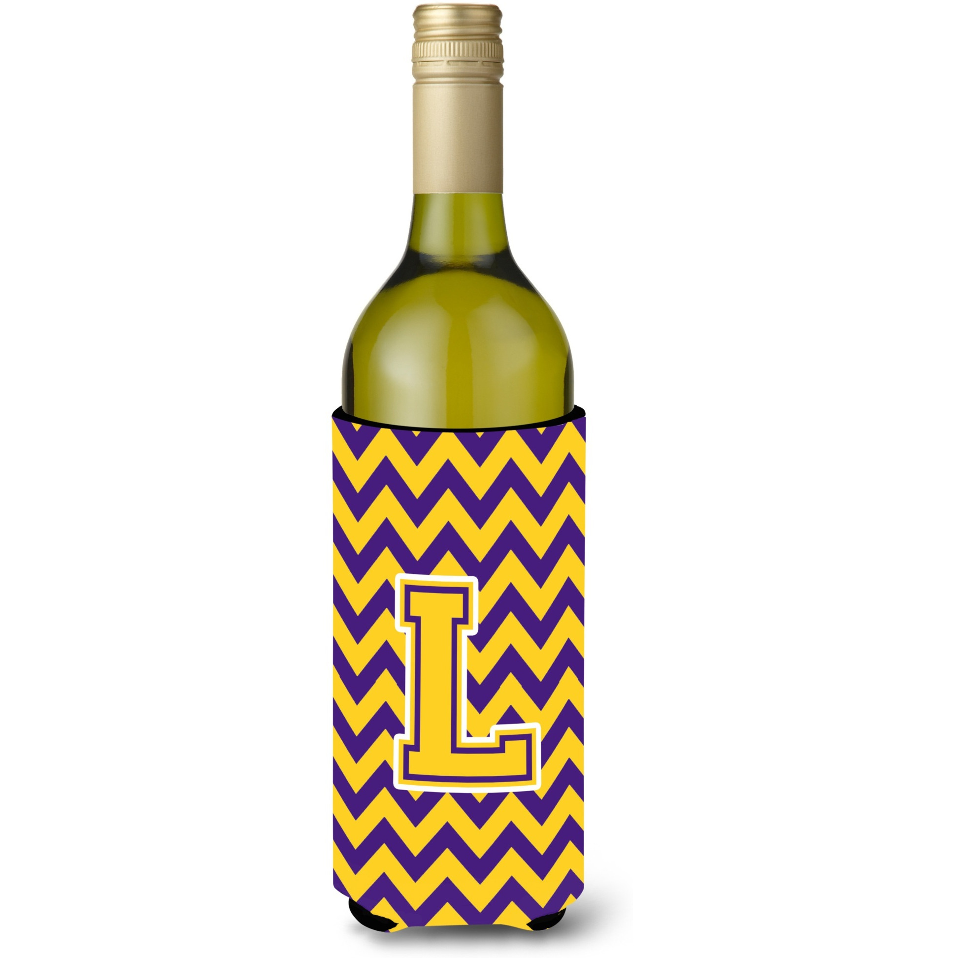 Letter L Chevron Purple and Gold Wine Bottle Beverage Insulator Hugger CJ1041-LLITERK