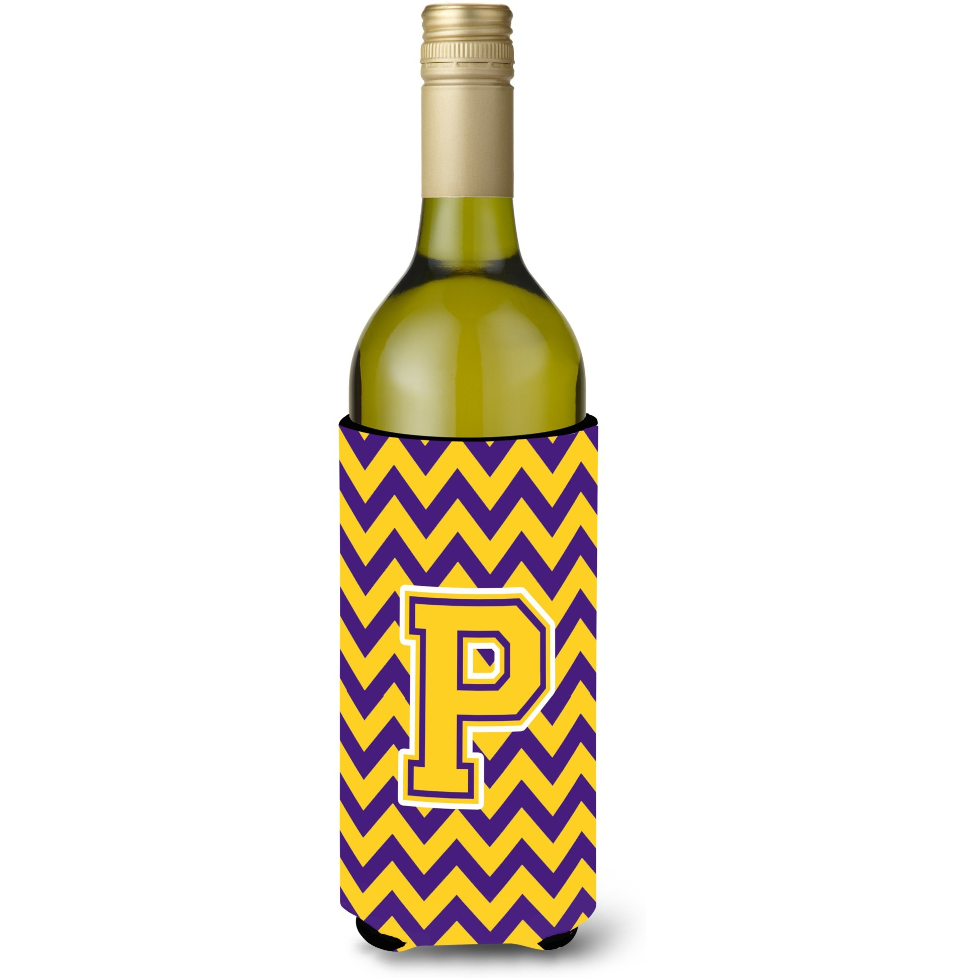 Letter P Chevron Purple and Gold Wine Bottle Beverage Insulator Hugger CJ1041-PLITERK