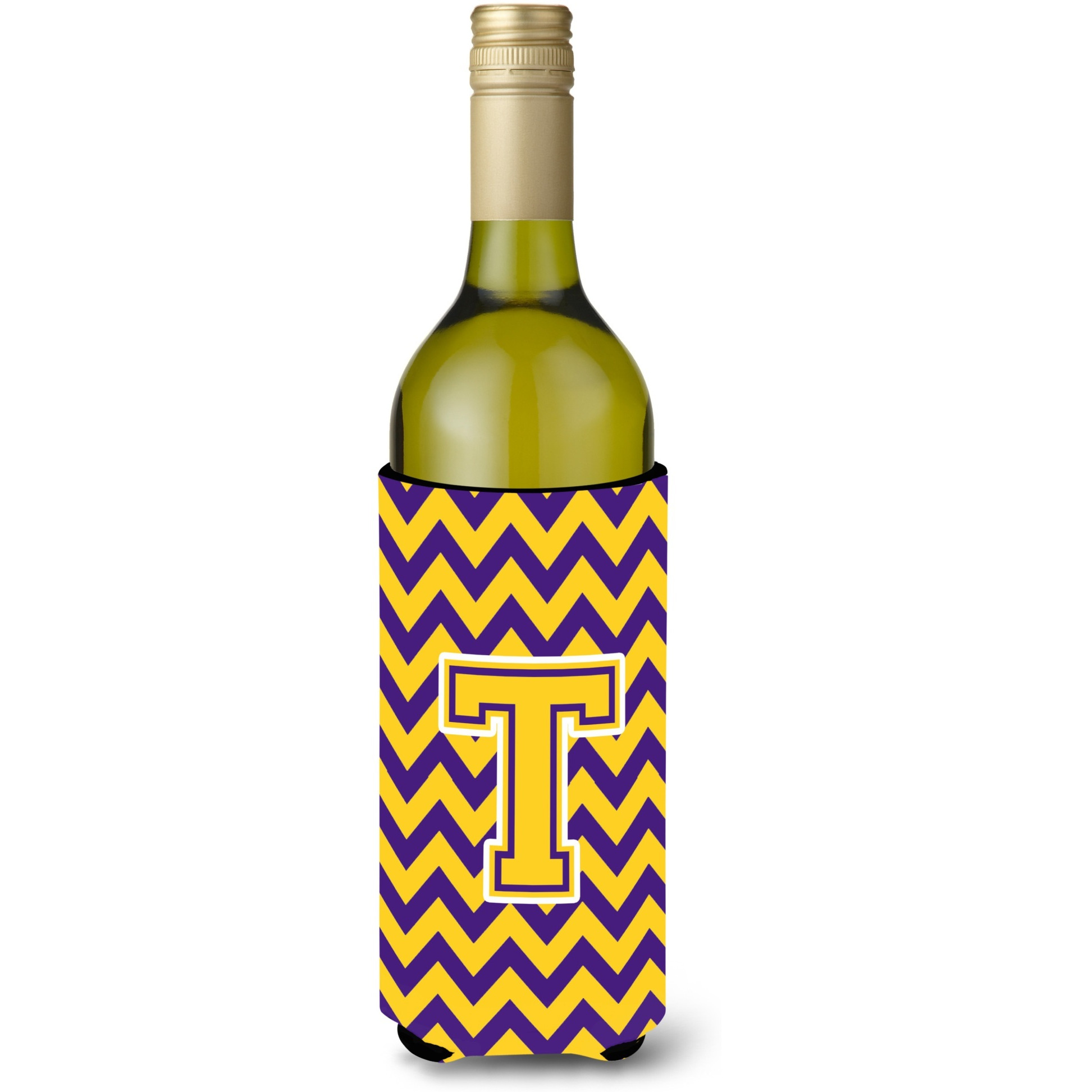 Letter T Chevron Purple and Gold Wine Bottle Beverage Insulator Hugger CJ1041-TLITERK