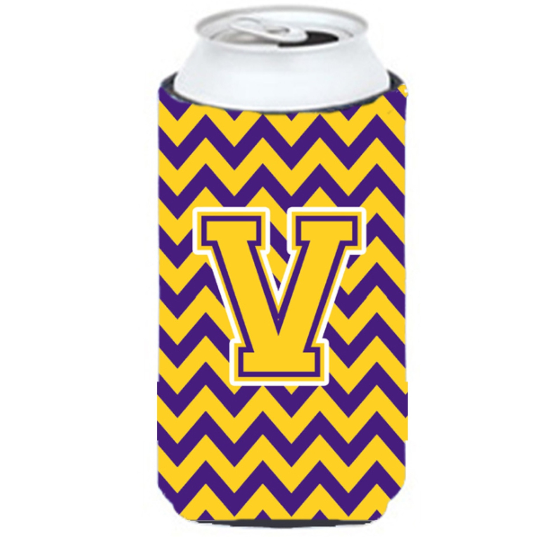 Letter V Chevron Purple and Gold Tall Boy Beverage Insulator Hugger CJ1041-VTBC