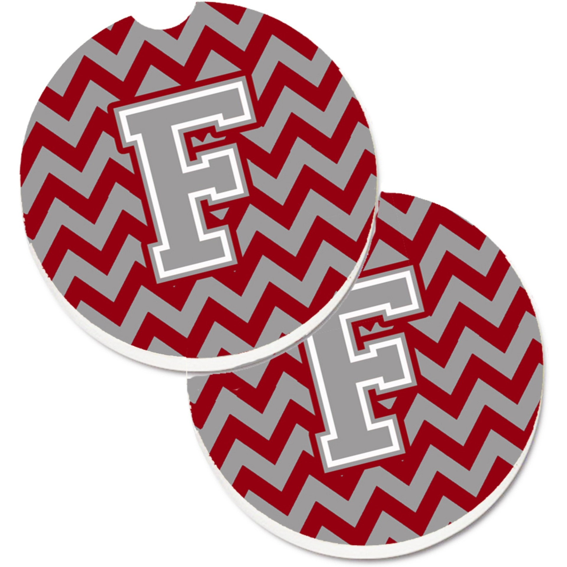 &quotCaroline's Treasures Letter F Chevron Crimson & Grey Set of 2 Cup Holder Car Coasters CJ1043-FCARC, 2.56, Multicolor"