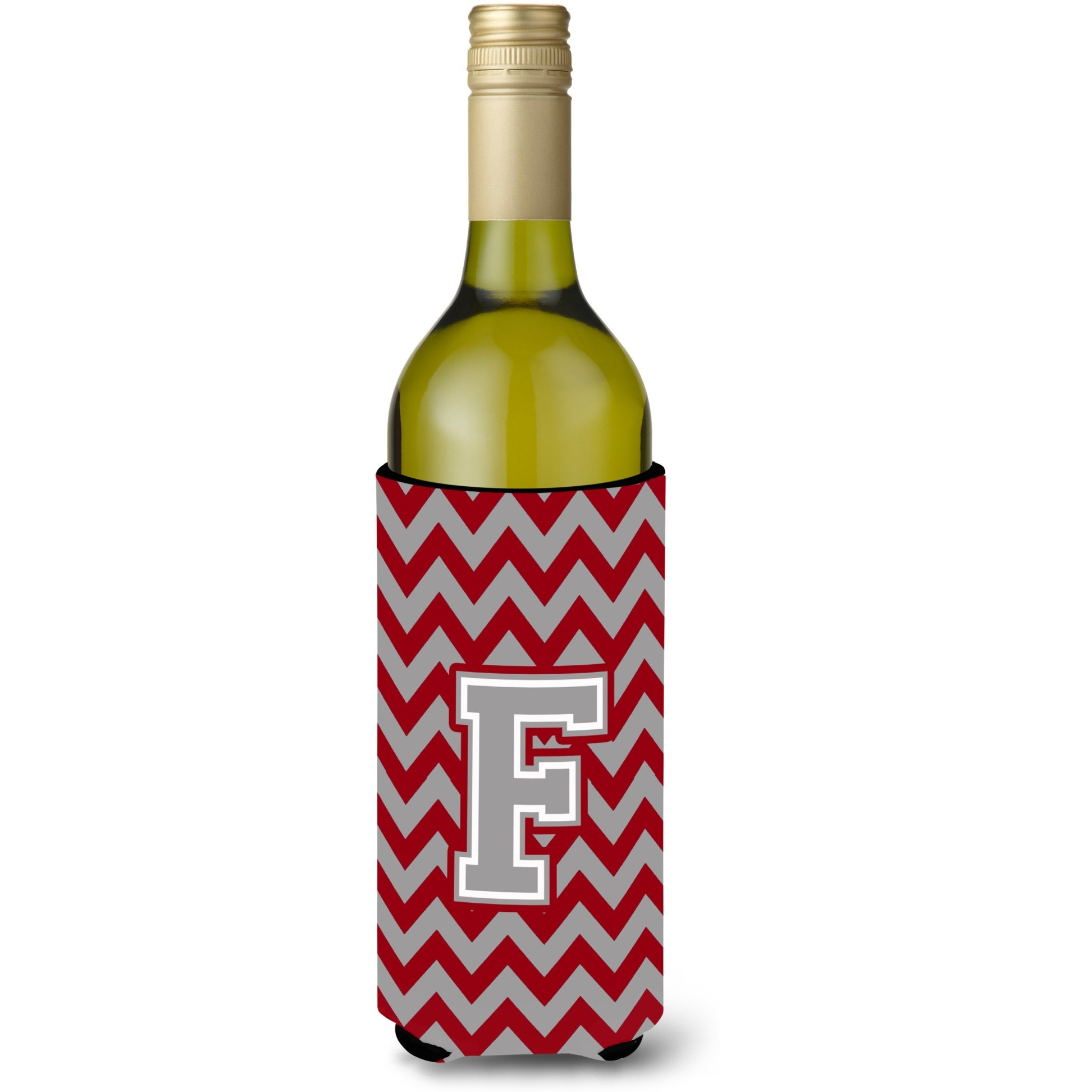 Letter F Chevron Crimson and Grey   Wine Bottle Beverage Insulator Hugger CJ1043-FLITERK