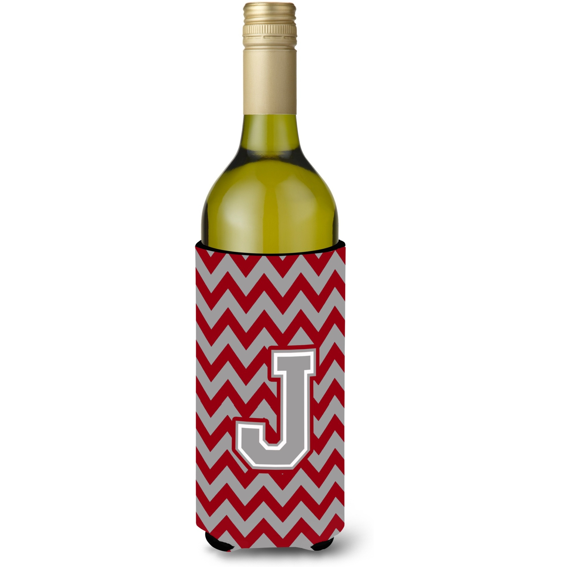 Letter J Chevron Crimson and Grey   Wine Bottle Beverage Insulator Hugger CJ1043-JLITERK