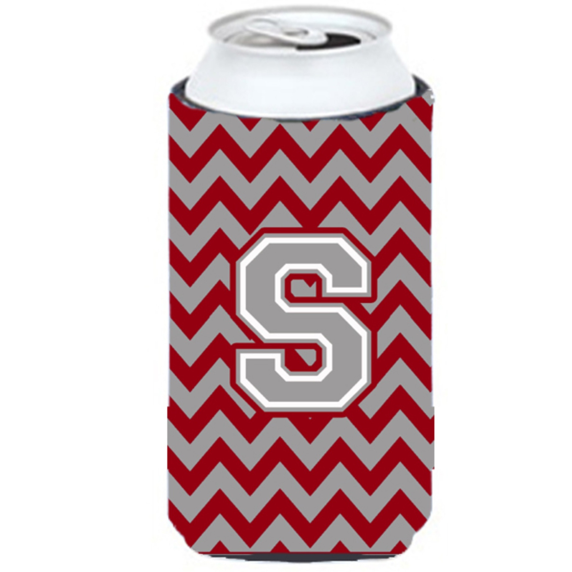Letter S Chevron Crimson and Grey   Tall Boy Beverage Insulator Hugger CJ1043-STBC