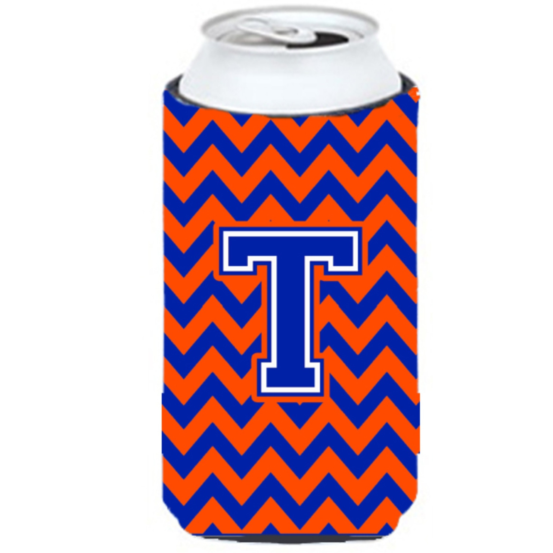Letter T Chevron Orange and Blue Tall Boy Beverage Insulator Hugger CJ1044-TTBC