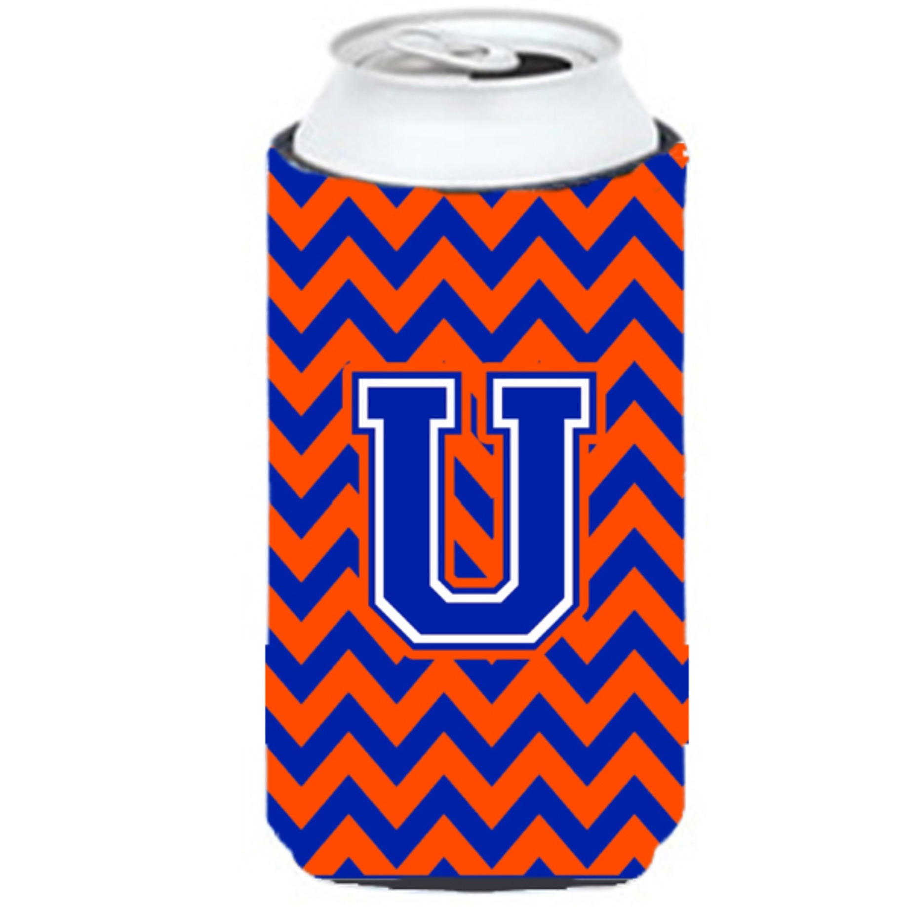 Letter U Chevron Orange and Blue Tall Boy Beverage Insulator Hugger CJ1044-UTBC