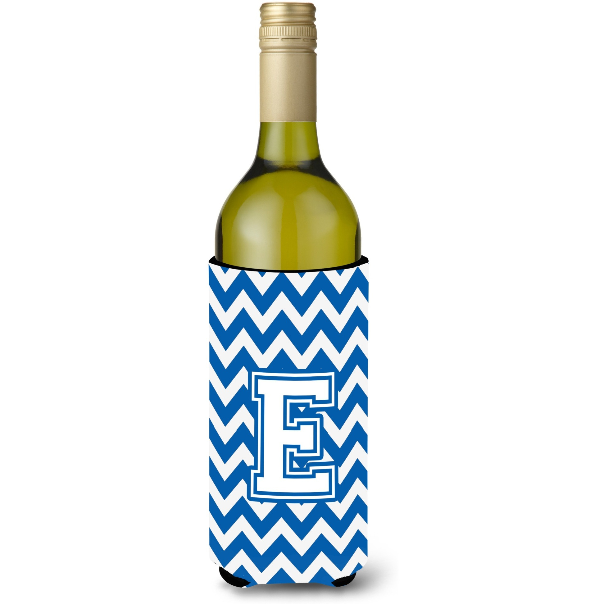 Letter E Chevron Blue and White Wine Bottle Beverage Insulator Hugger CJ1045-ELITERK