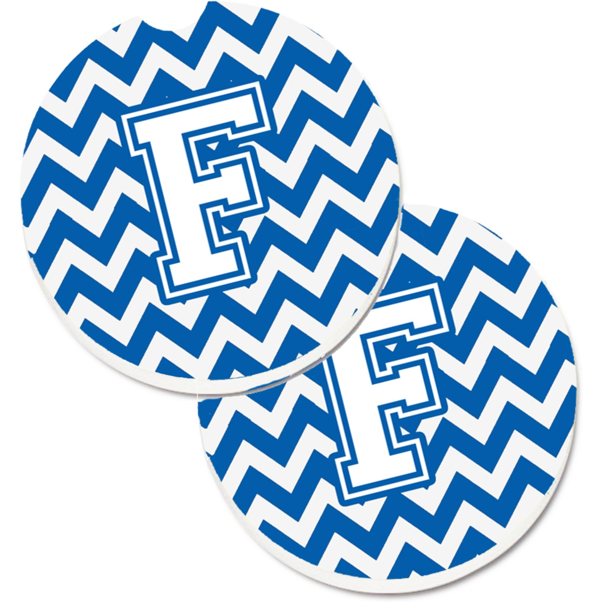 &quotCaroline's Treasures Letter F Chevron Blue & White Set of 2 Cup Holder Car Coasters CJ1045-FCARC, 2.56, Multicolor"