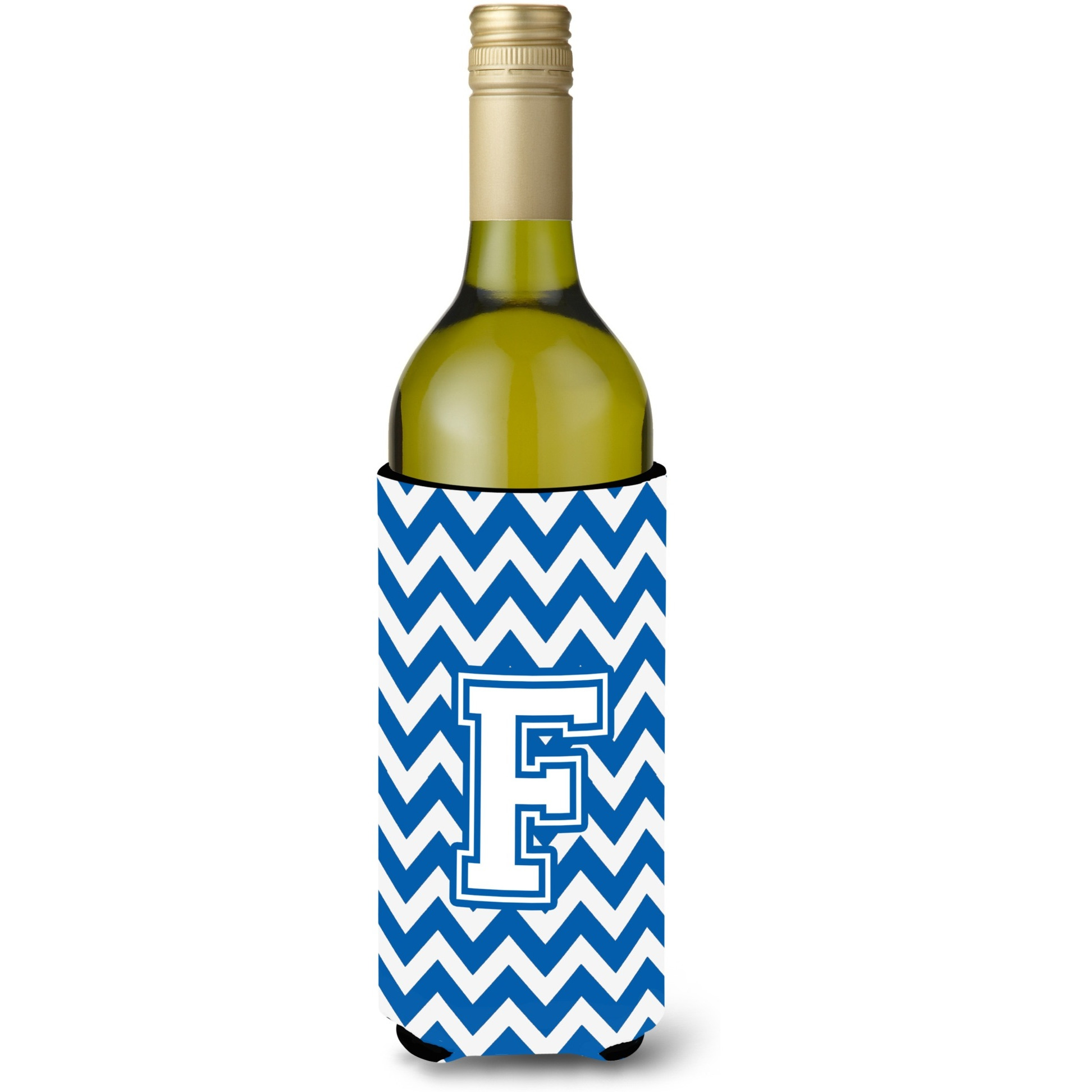 Letter F Chevron Blue and White Wine Bottle Beverage Insulator Hugger CJ1045-FLITERK