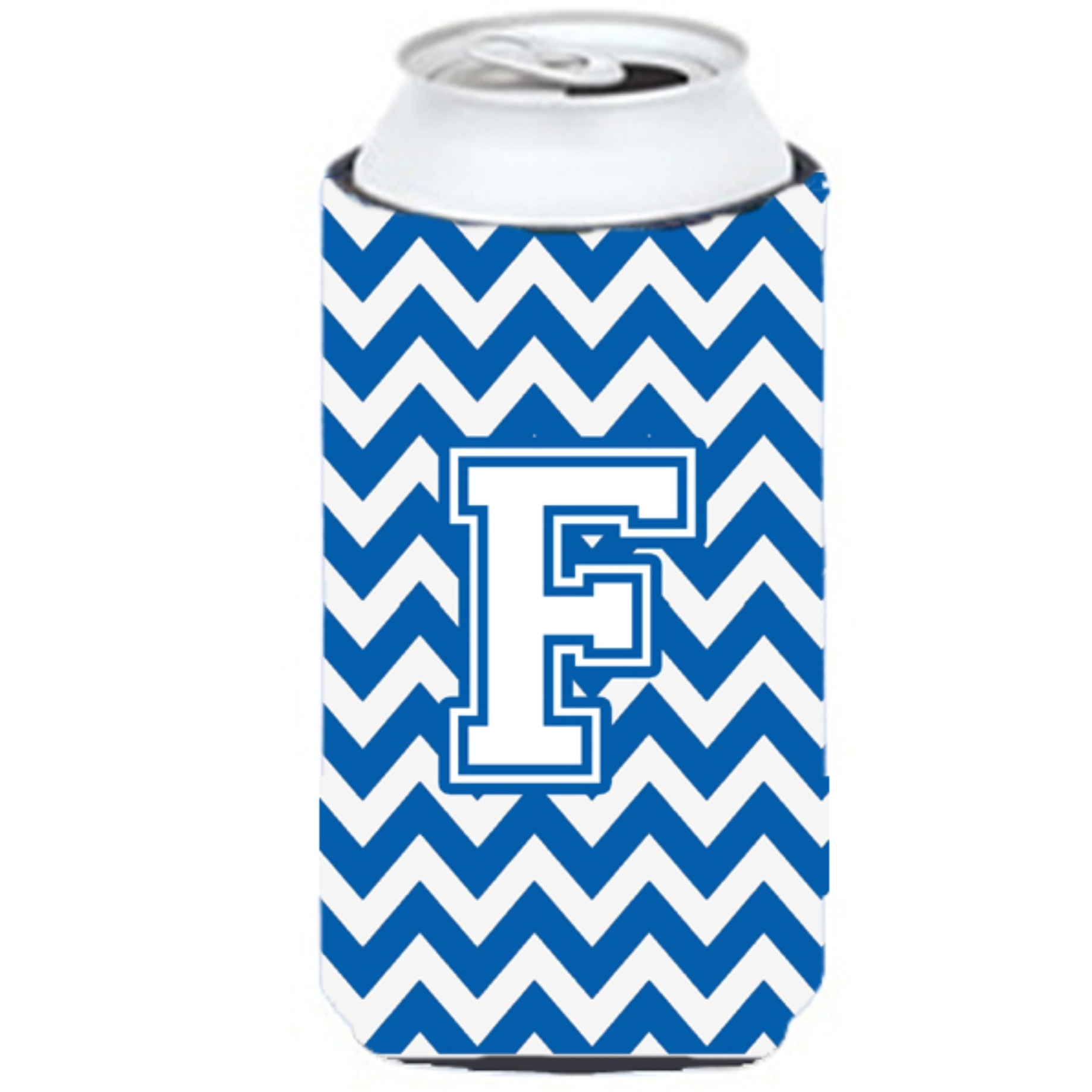 Letter F Chevron Blue and White Tall Boy Beverage Insulator Hugger CJ1045-FTBC