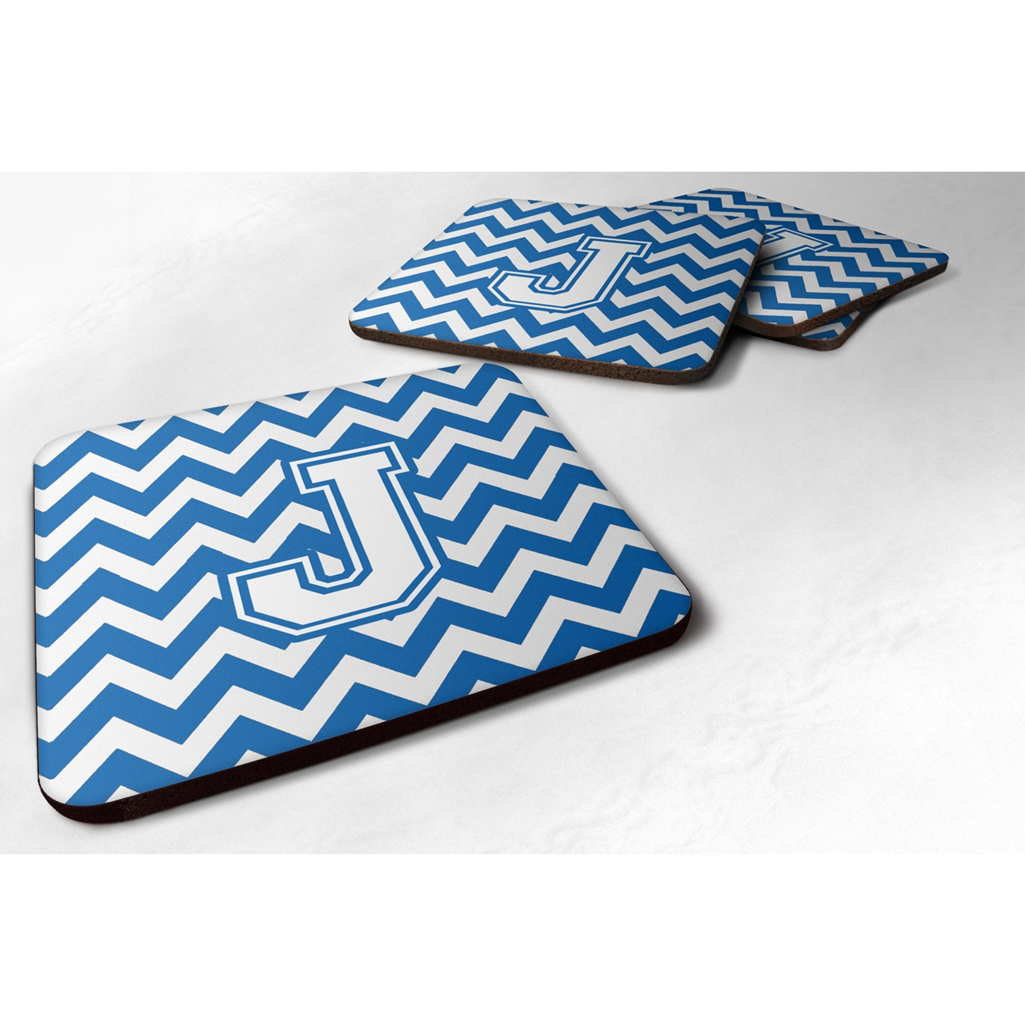 &quotCaroline's Treasures CJ1045-JFC Letter J Chevron Blue and White Foam Coaster (Set of 4), 3.5"", Multicolor"