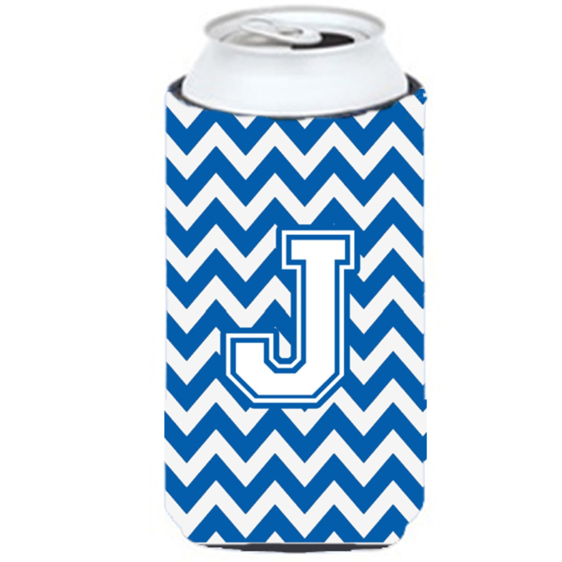 Letter J Chevron Blue and White Tall Boy Beverage Insulator Hugger CJ1045-JTBC