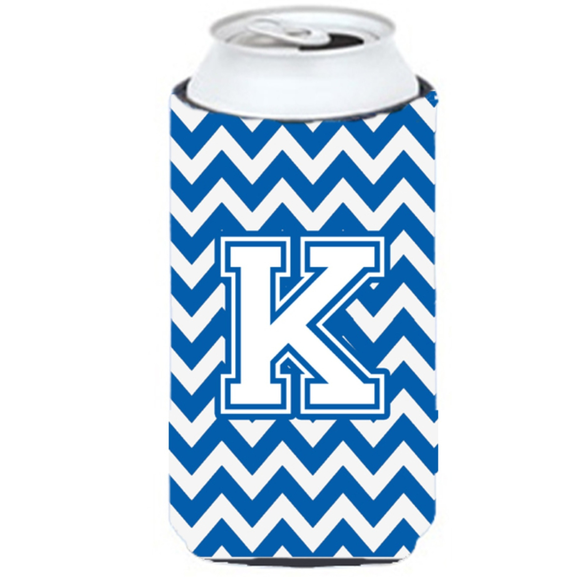 Letter K Chevron Blue and White Tall Boy Beverage Insulator Hugger CJ1045-KTBC