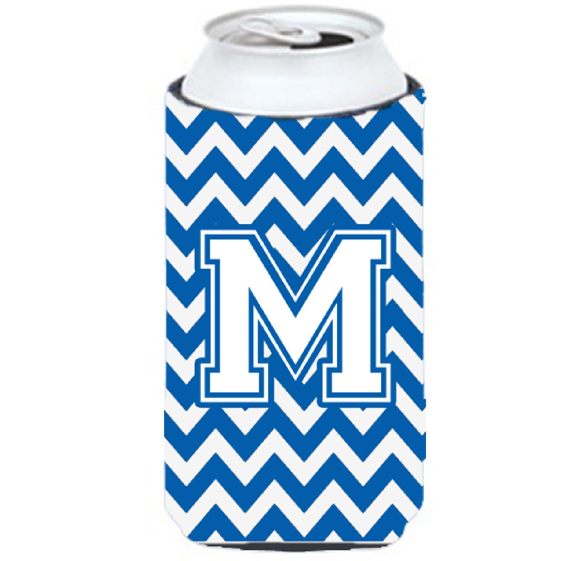 Letter M Chevron Blue and White Tall Boy Beverage Insulator Hugger CJ1045-MTBC