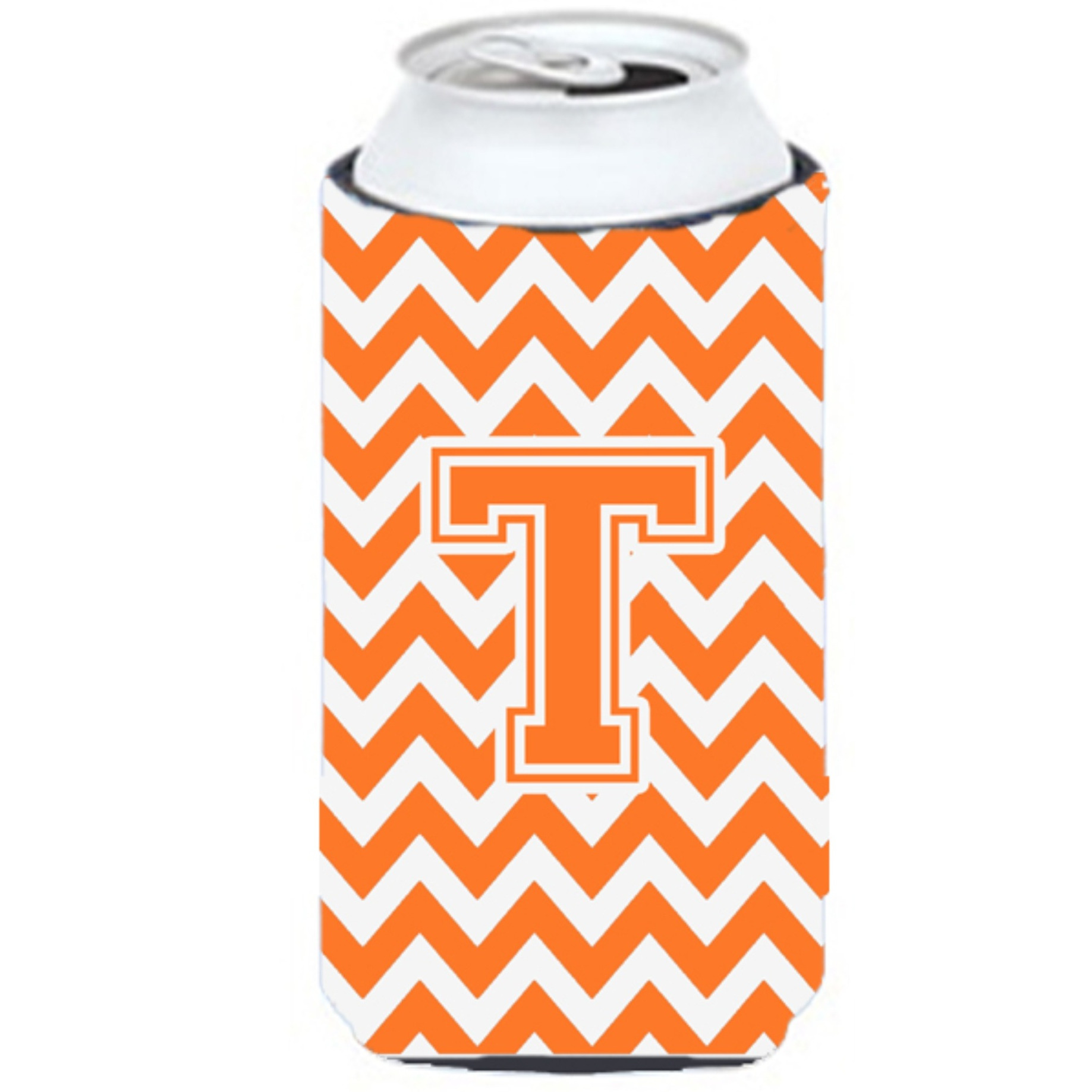 Letter T Chevron Orange and White Tall Boy Beverage Insulator Hugger CJ1046-TTBC