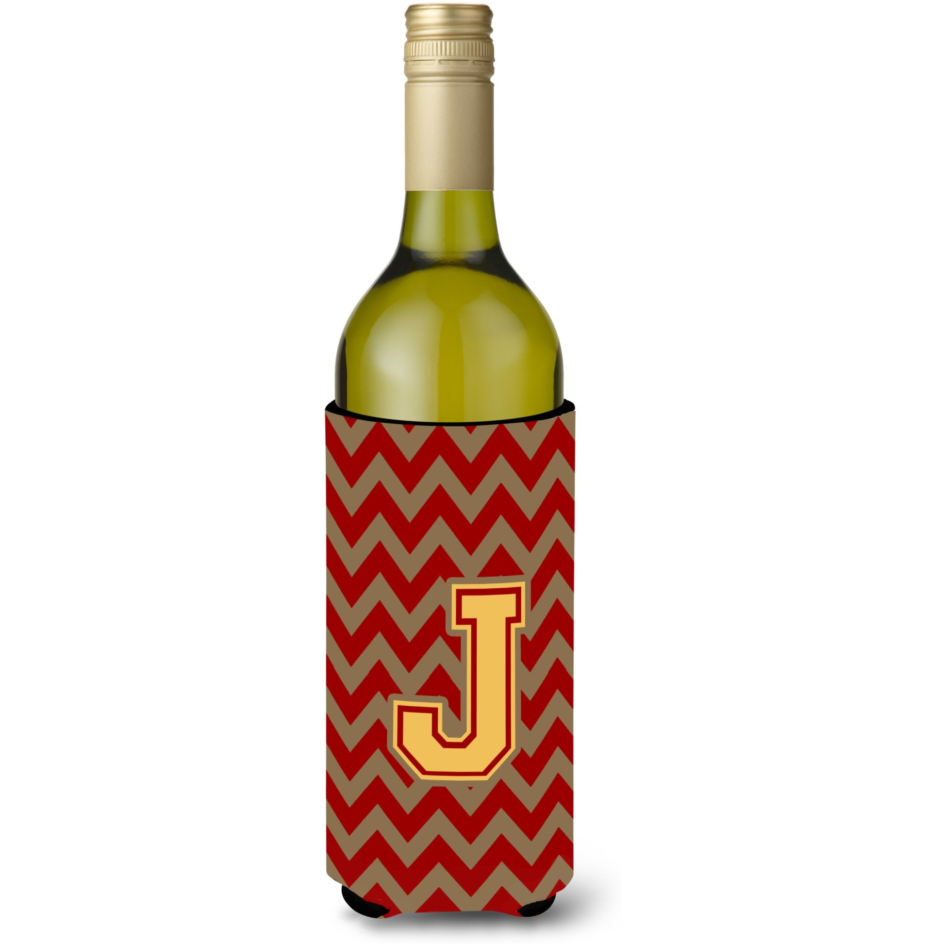 Letter J Chevron Garnet and Gold  Wine Bottle Beverage Insulator Hugger CJ1048-JLITERK