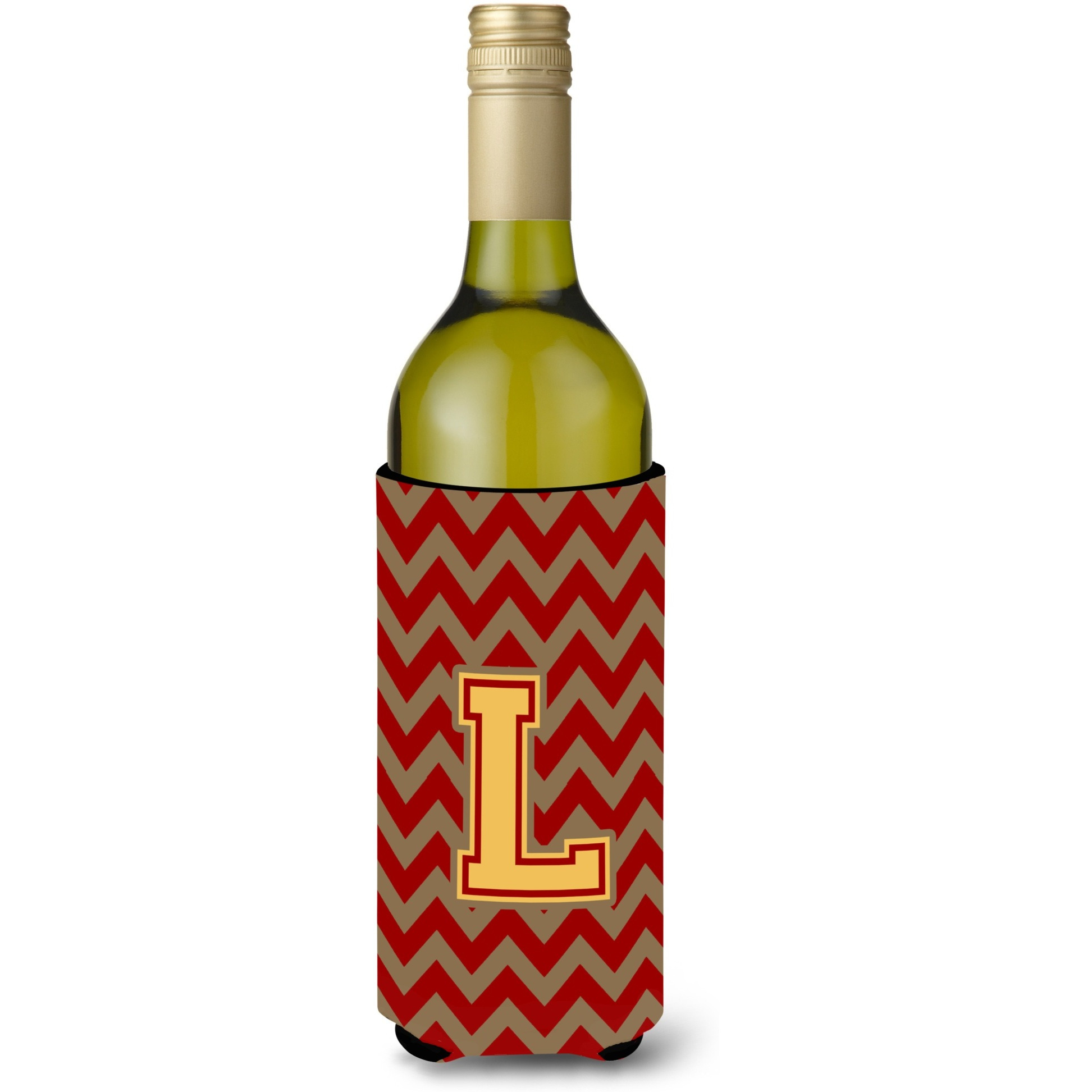 Letter L Chevron Garnet and Gold  Wine Bottle Beverage Insulator Hugger CJ1048-LLITERK