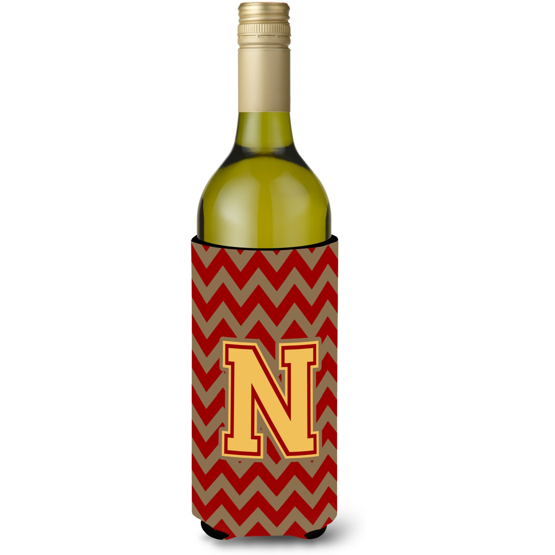 Letter N Chevron Garnet and Gold  Wine Bottle Beverage Insulator Hugger CJ1048-NLITERK