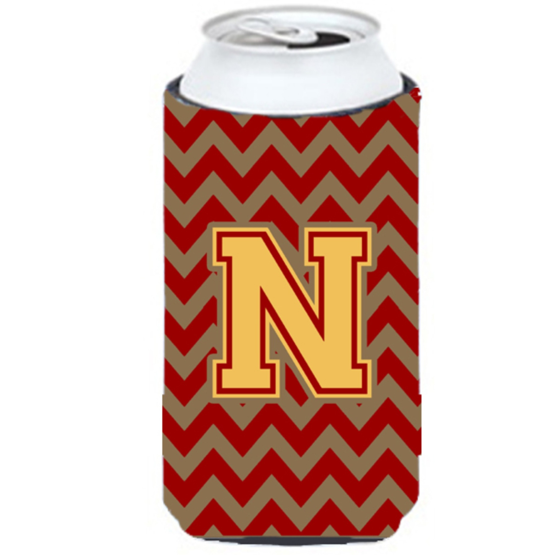 Letter N Chevron Garnet and Gold  Tall Boy Beverage Insulator Hugger CJ1048-NTBC