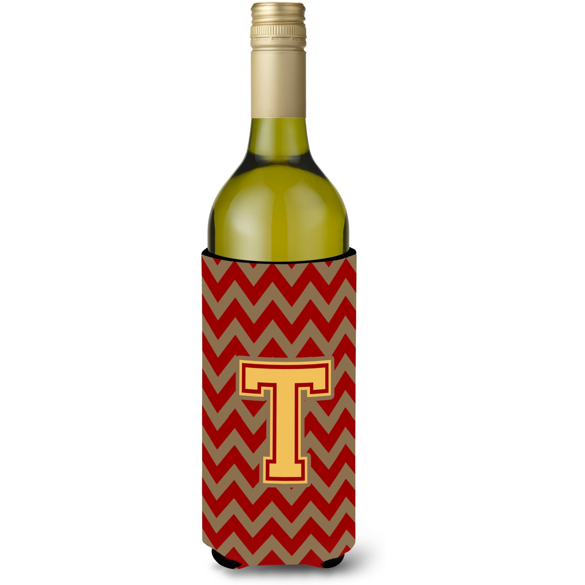 Letter T Chevron Garnet and Gold  Wine Bottle Beverage Insulator Hugger CJ1048-TLITERK