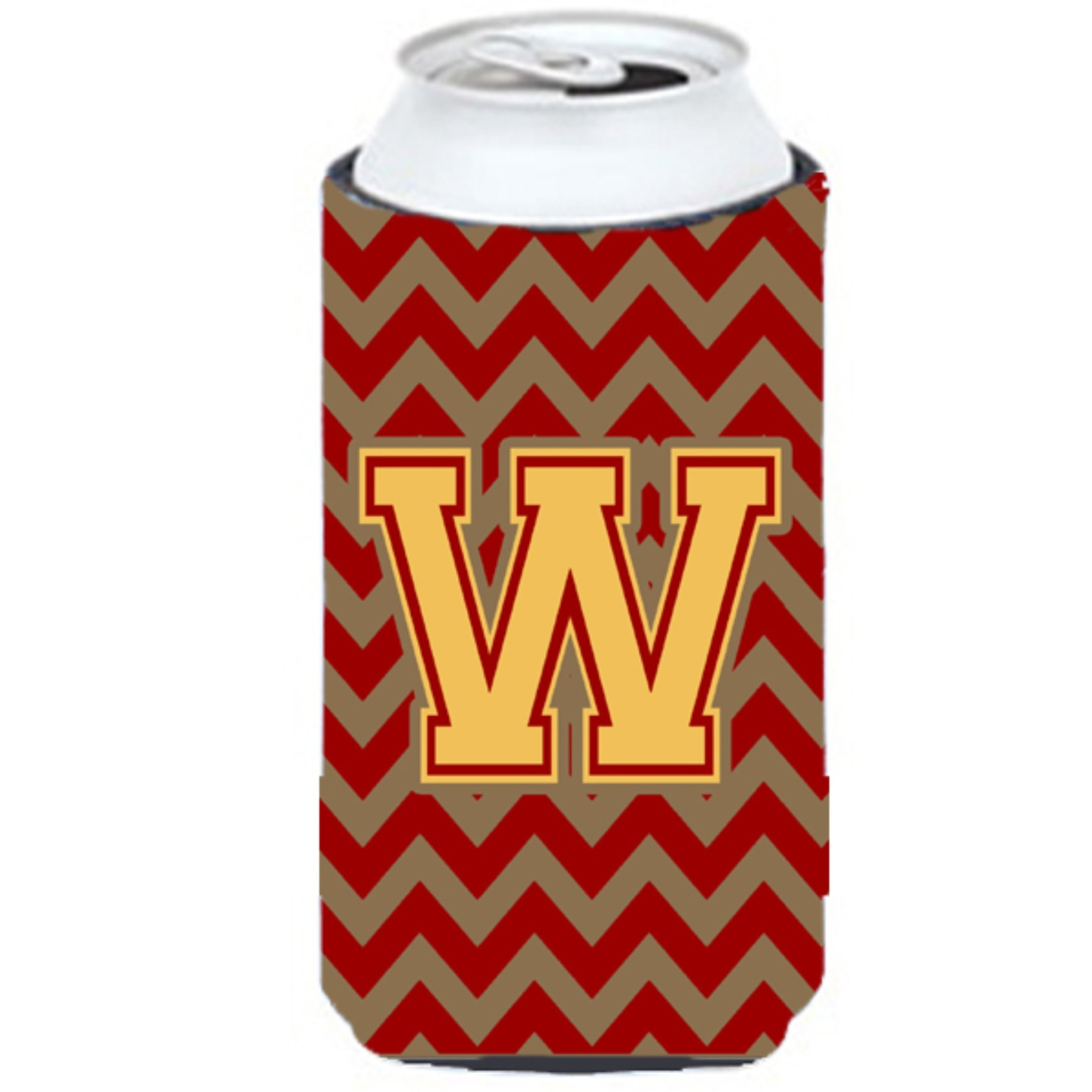 Letter W Chevron Garnet and Gold  Tall Boy Beverage Insulator Hugger CJ1048-WTBC