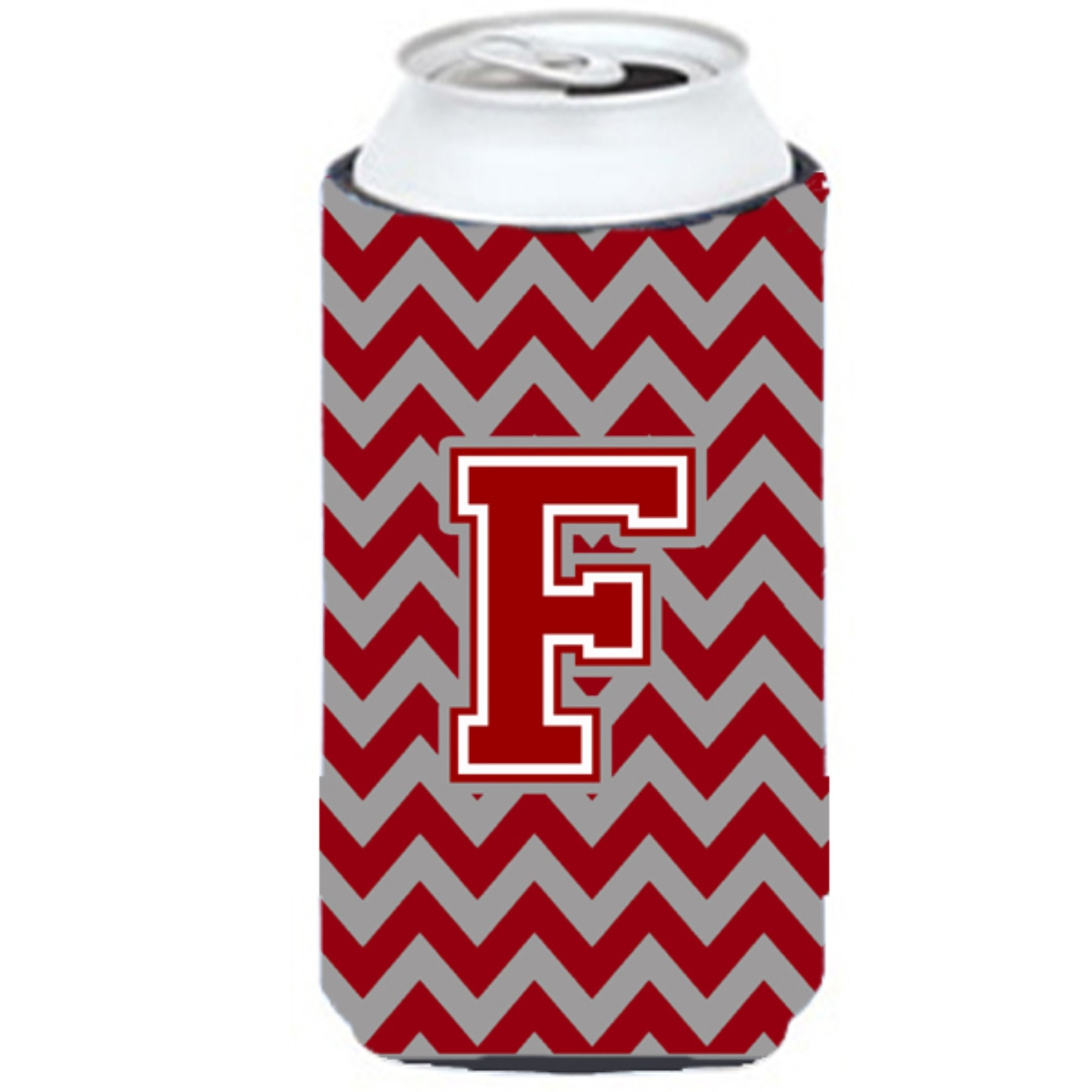 Letter F Chevron Maroon and White Tall Boy Beverage Insulator Hugger CJ1049-FTBC