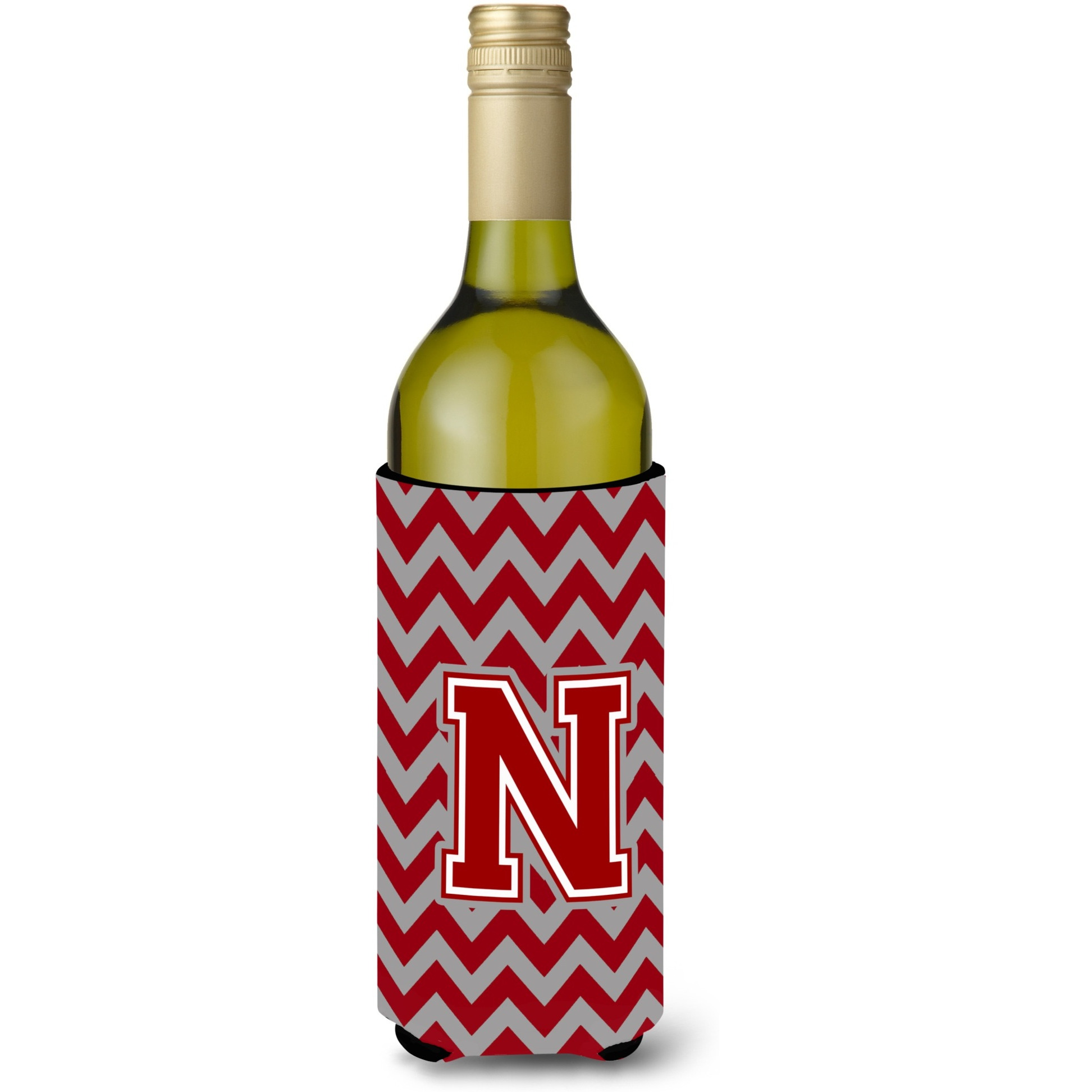 Letter N Chevron Maroon and White Wine Bottle Beverage Insulator Hugger CJ1049-NLITERK