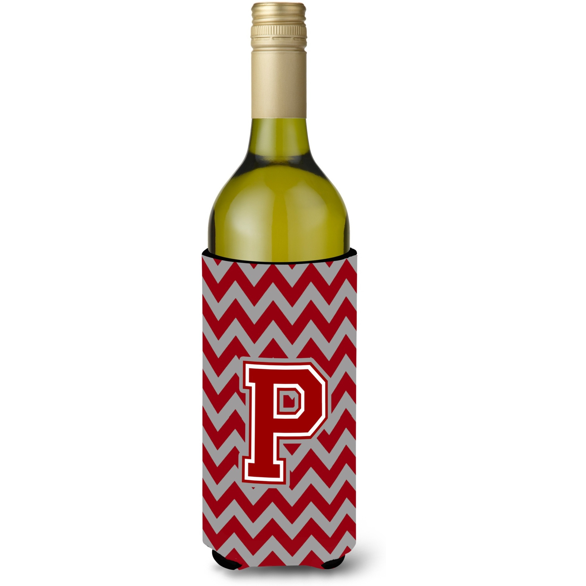 Letter P Chevron Maroon and White Wine Bottle Beverage Insulator Hugger CJ1049-PLITERK