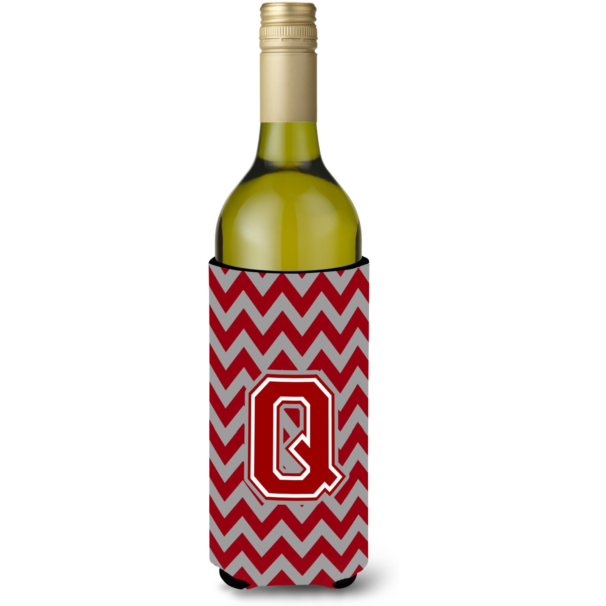 Letter Q Chevron Maroon and White Wine Bottle Beverage Insulator Hugger CJ1049-QLITERK