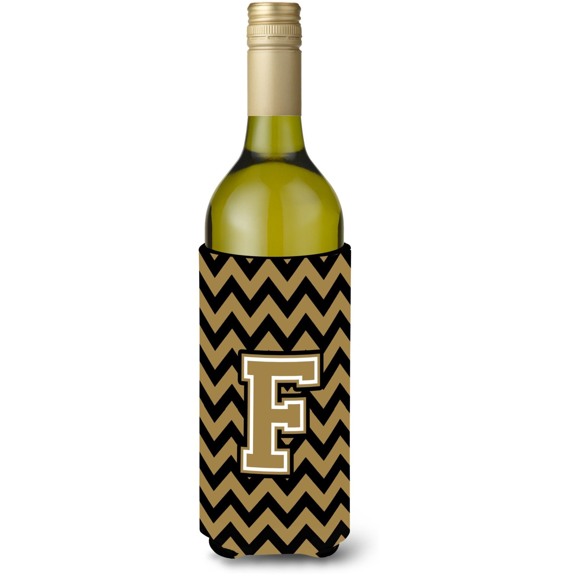 Letter F Chevron Black and Gold  Wine Bottle Beverage Insulator Hugger CJ1050-FLITERK