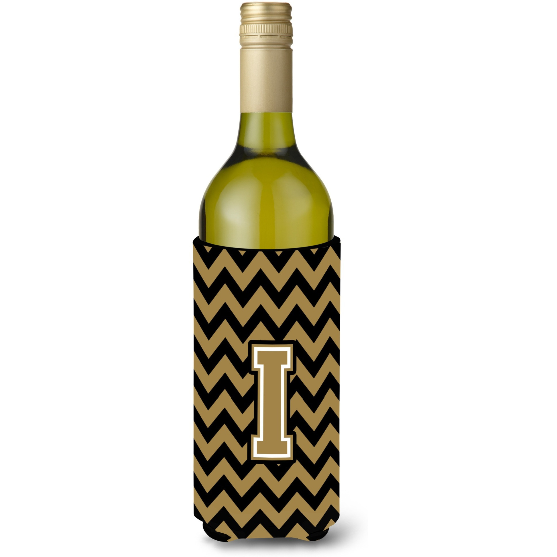 Letter I Chevron Black and Gold  Wine Bottle Beverage Insulator Hugger CJ1050-ILITERK