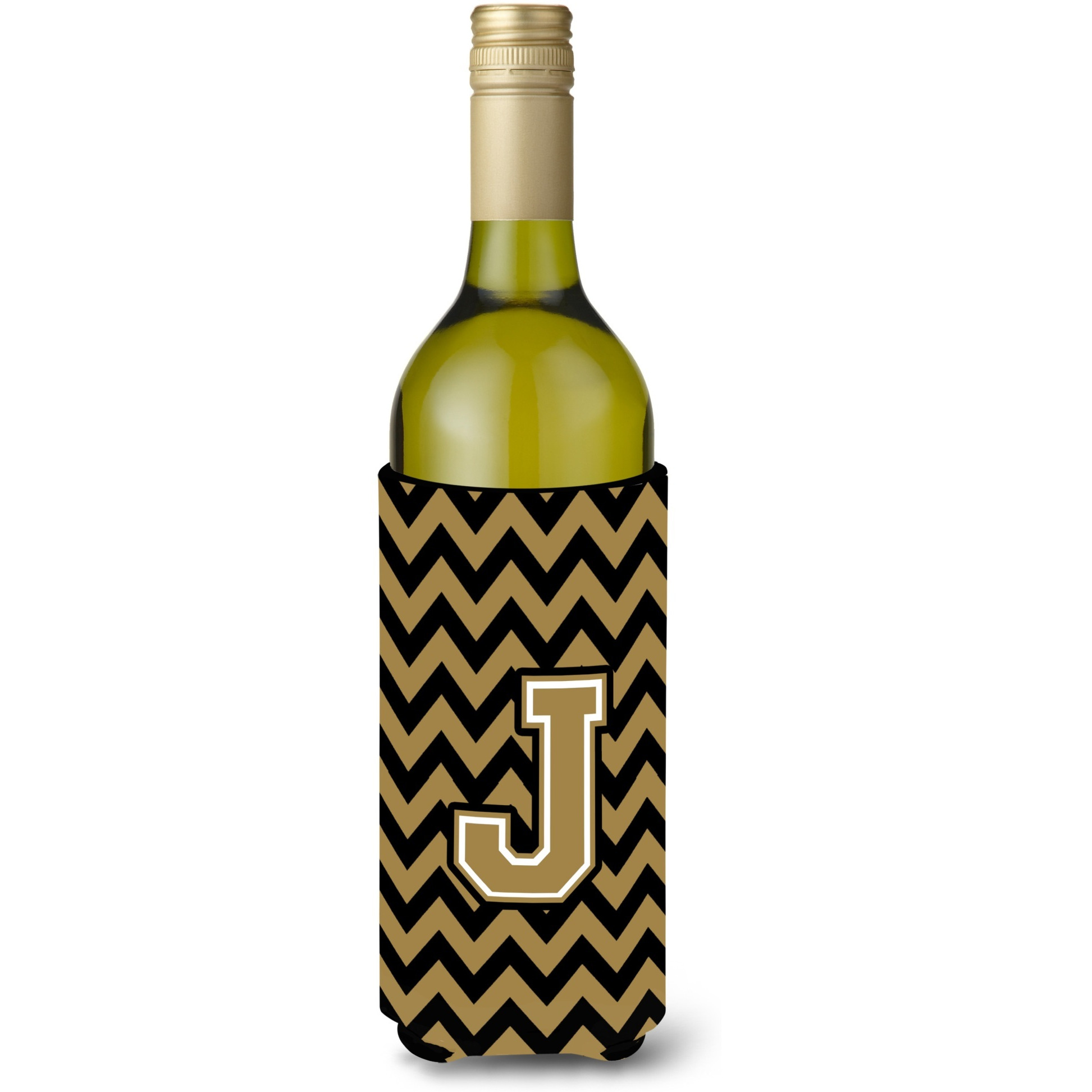 Letter J Chevron Black and Gold  Wine Bottle Beverage Insulator Hugger CJ1050-JLITERK