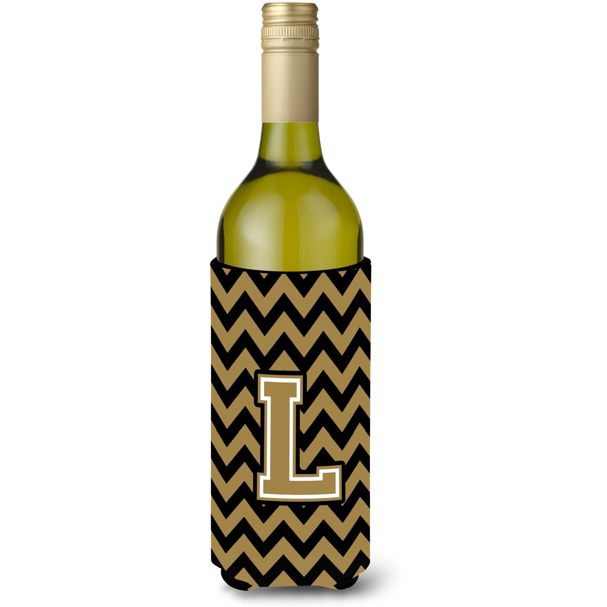 Letter L Chevron Black and Gold  Wine Bottle Beverage Insulator Hugger CJ1050-LLITERK
