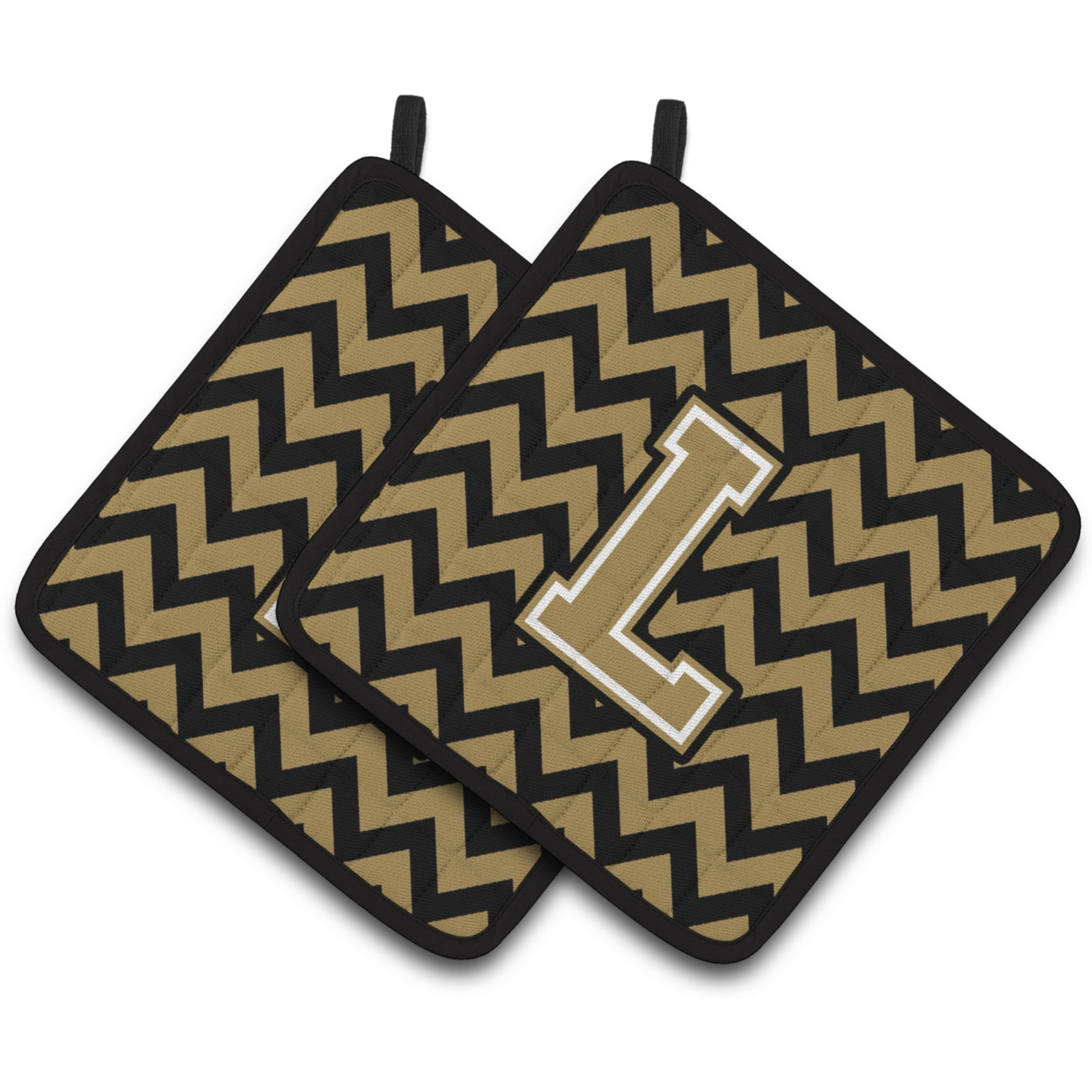 &quotCaroline's Treasures Letter L Chevron black & Gold Pair of Pot Holders CJ1050-LPTHD, 7.5HX7.5W, Multicolor"