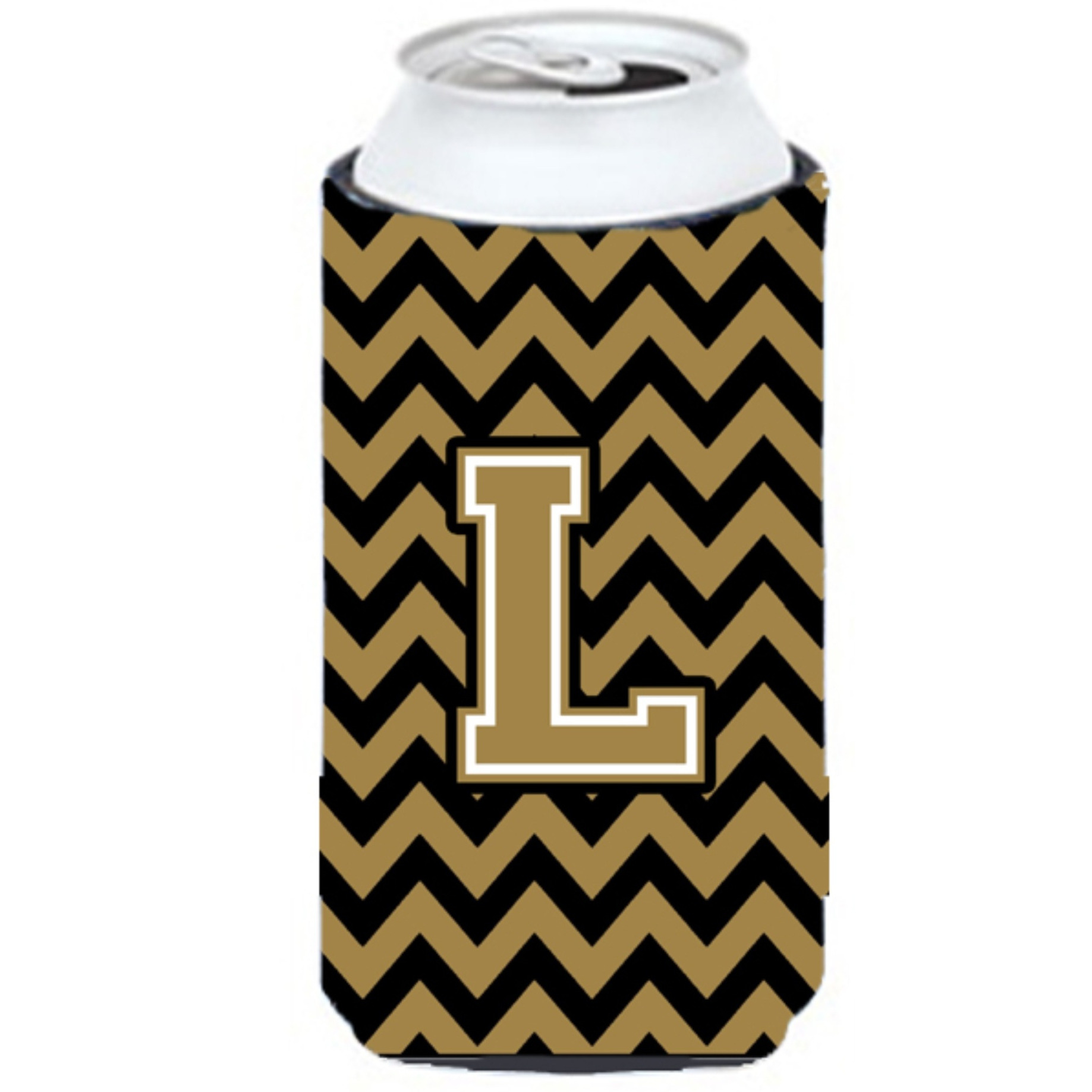 Letter L Chevron Black and Gold  Tall Boy Beverage Insulator Hugger CJ1050-LTBC