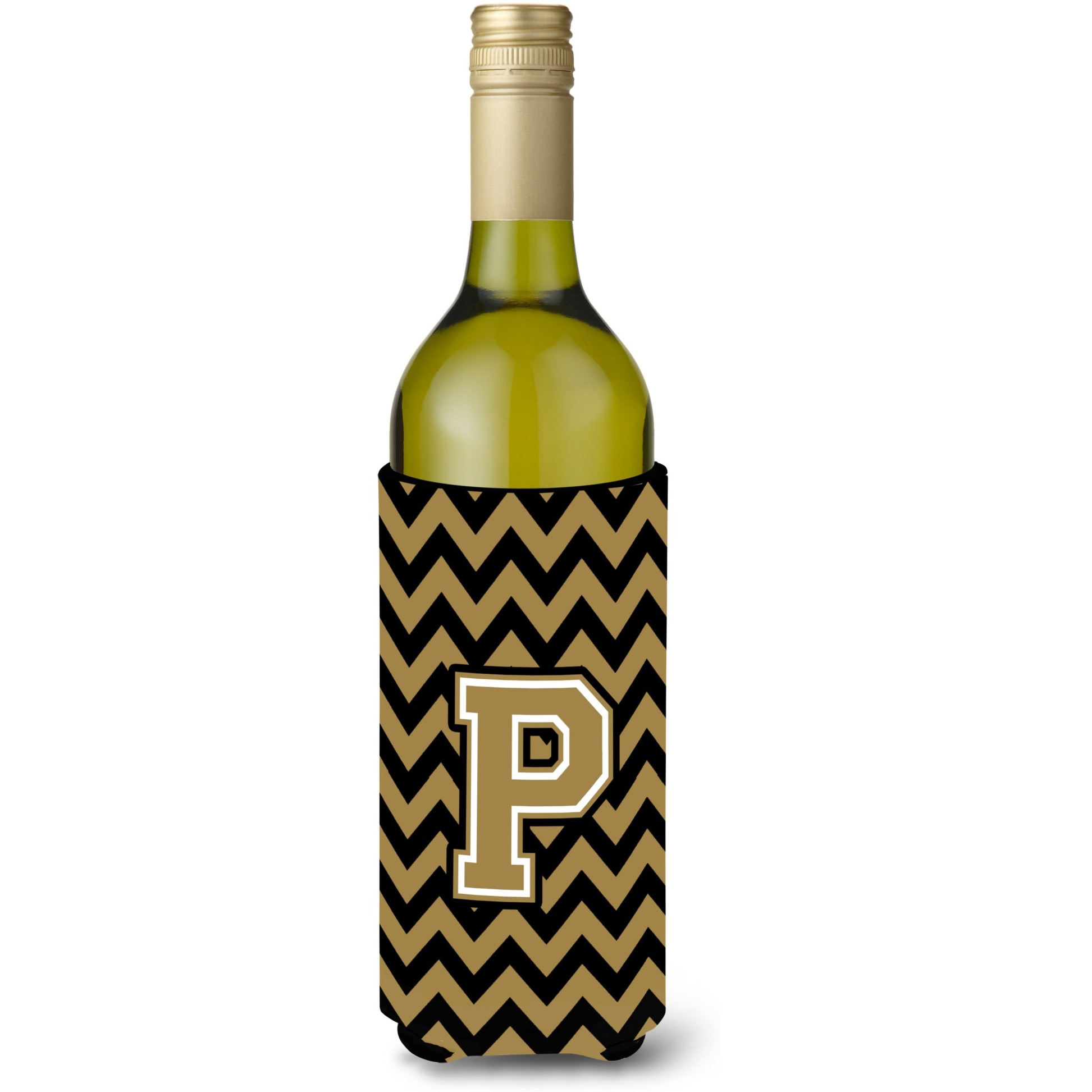Letter P Chevron Black and Gold  Wine Bottle Beverage Insulator Hugger CJ1050-PLITERK
