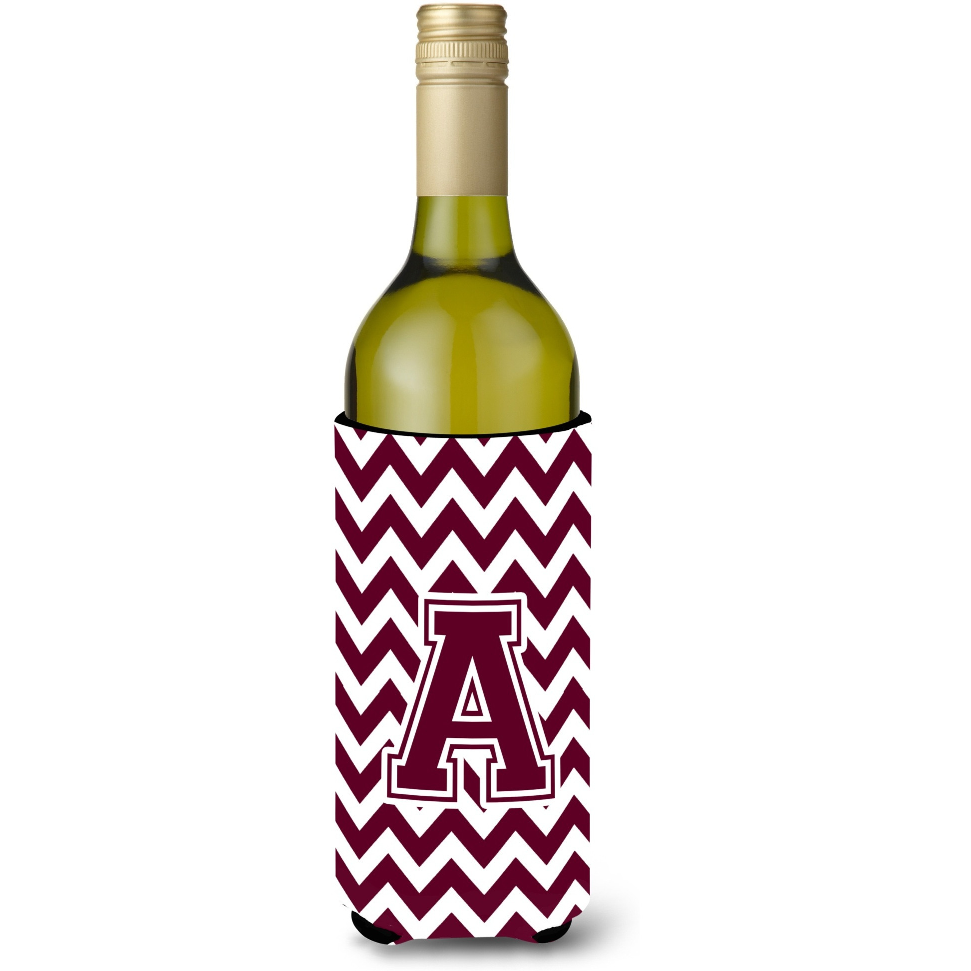 Letter A Chevron Maroon and White  Wine Bottle Beverage Insulator Hugger CJ1051-ALITERK