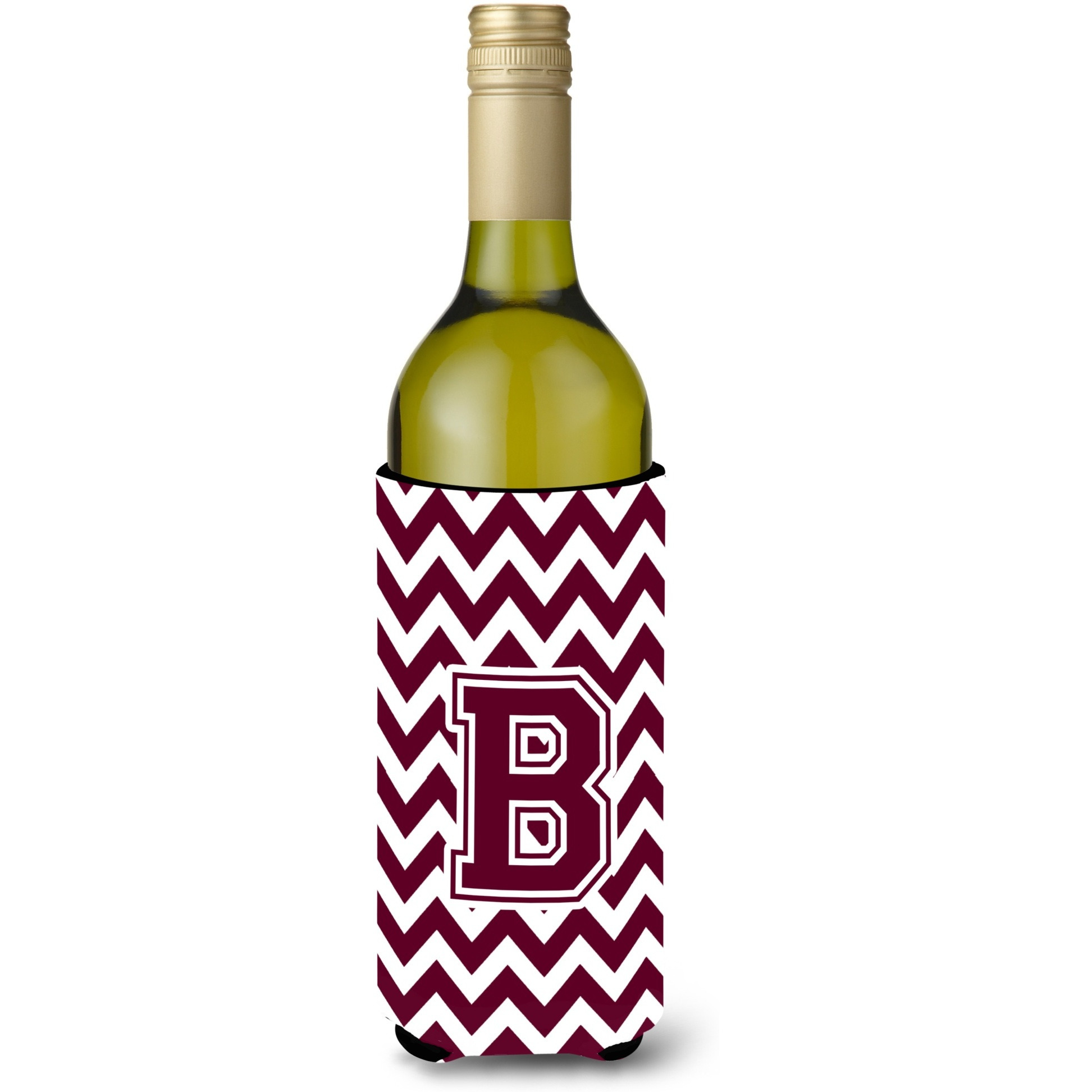 Letter B Chevron Maroon and White  Wine Bottle Beverage Insulator Hugger CJ1051-BLITERK
