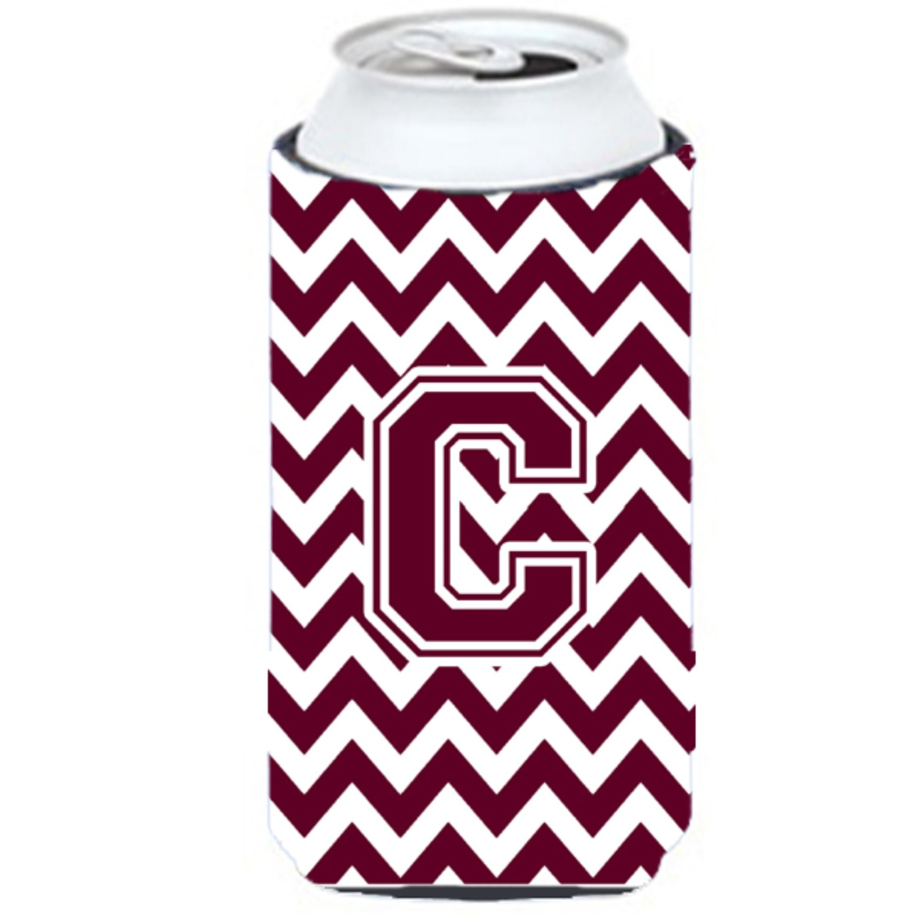 Letter C Chevron Maroon and White  Tall Boy Beverage Insulator Hugger CJ1051-CTBC