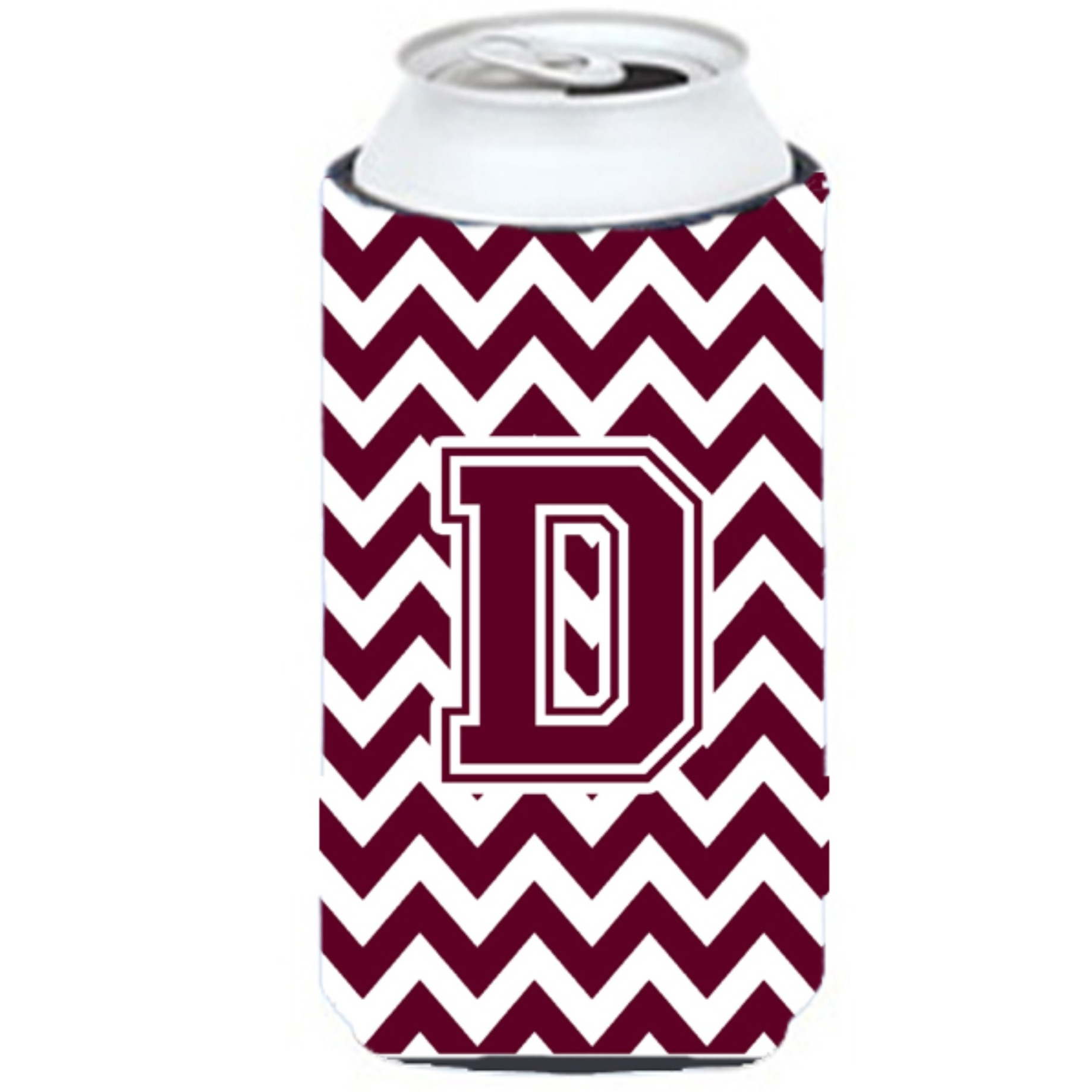 Letter D Chevron Maroon and White  Tall Boy Beverage Insulator Hugger CJ1051-DTBC