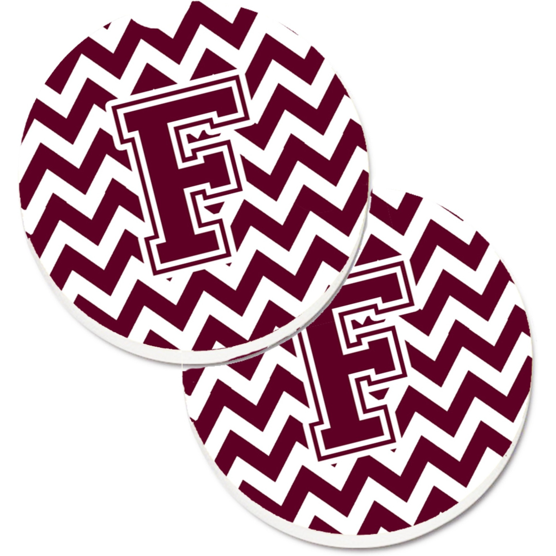 &quotCaroline's Treasures Letter F Chevron Maroon & White Set of 2 Cup Holder Car Coasters CJ1051-FCARC, 2.56, Multicolor"