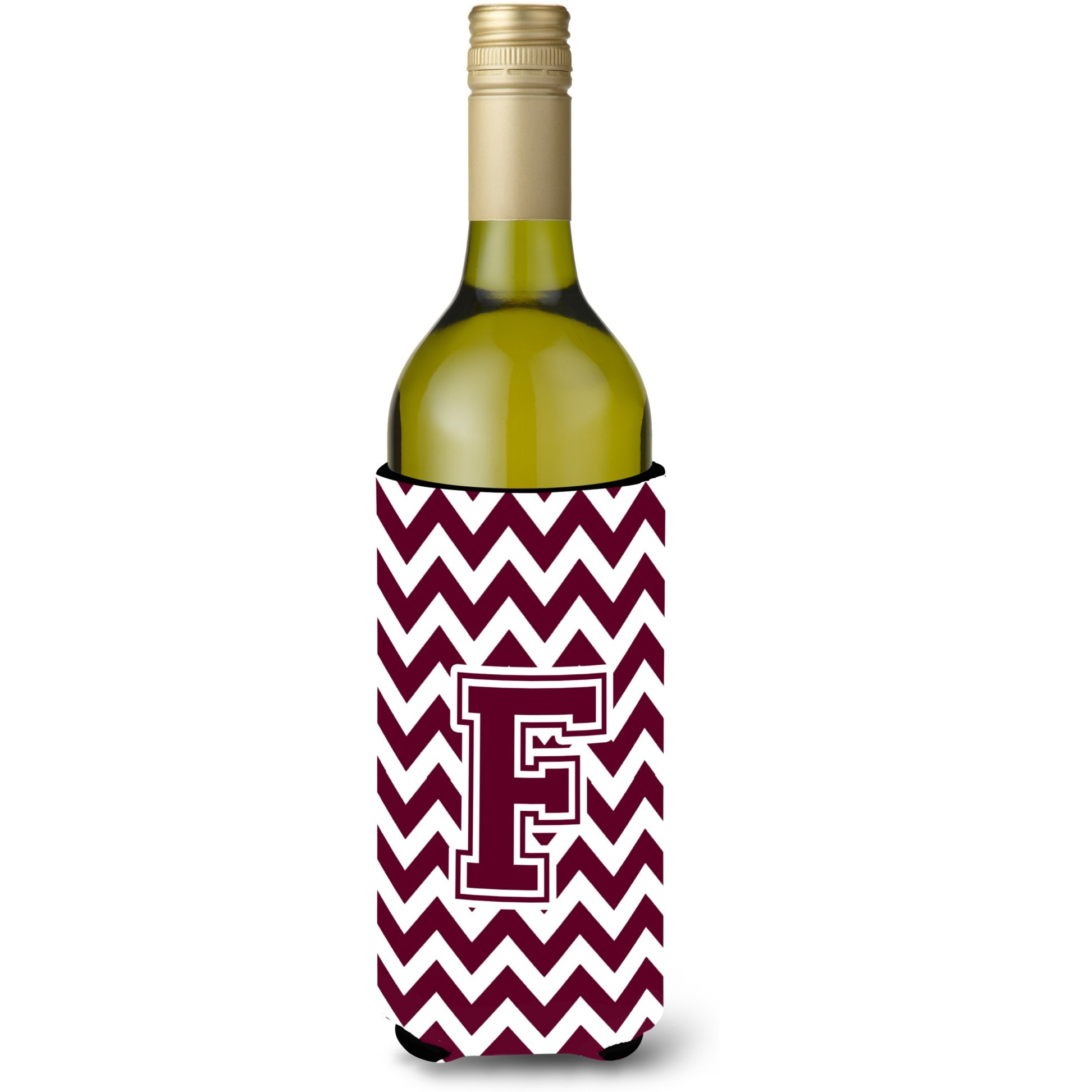 Letter F Chevron Maroon and White  Wine Bottle Beverage Insulator Hugger CJ1051-FLITERK