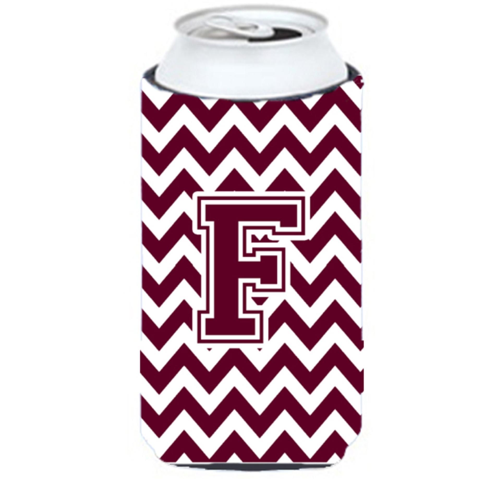 Letter F Chevron Maroon and White  Tall Boy Beverage Insulator Hugger CJ1051-FTBC