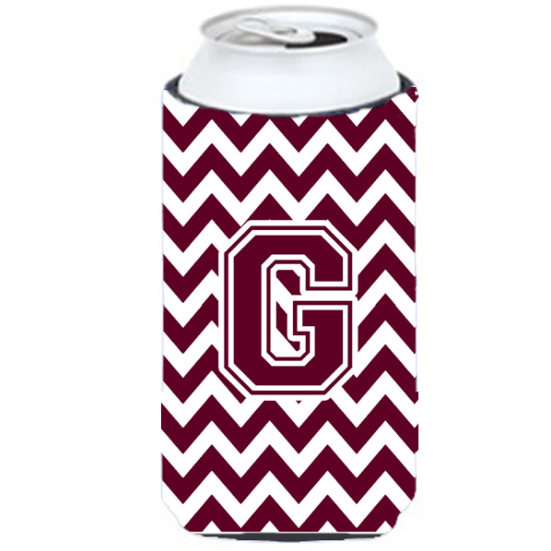 Letter G Chevron Maroon and White  Tall Boy Beverage Insulator Hugger CJ1051-GTBC