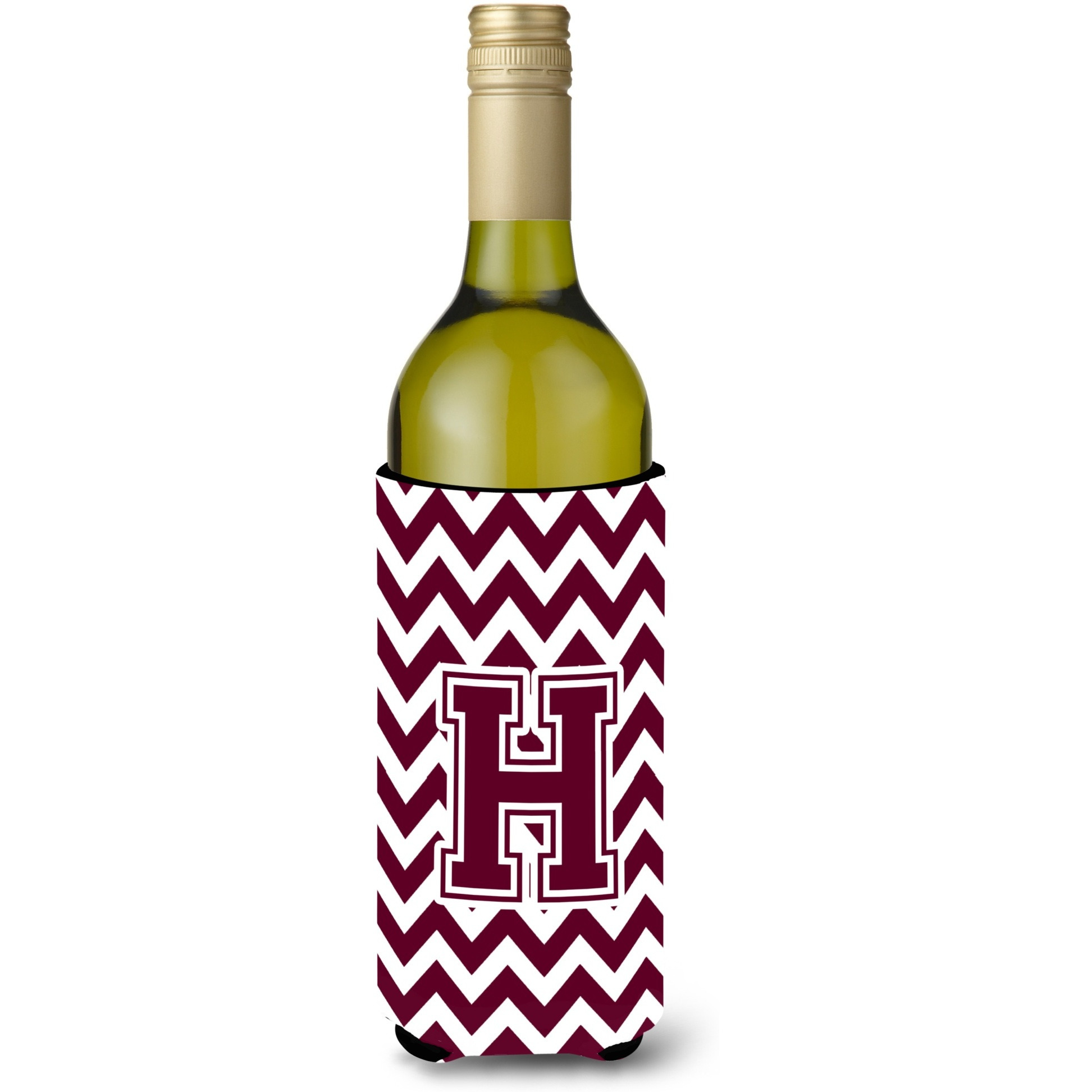 Letter H Chevron Maroon and White  Wine Bottle Beverage Insulator Hugger CJ1051-HLITERK