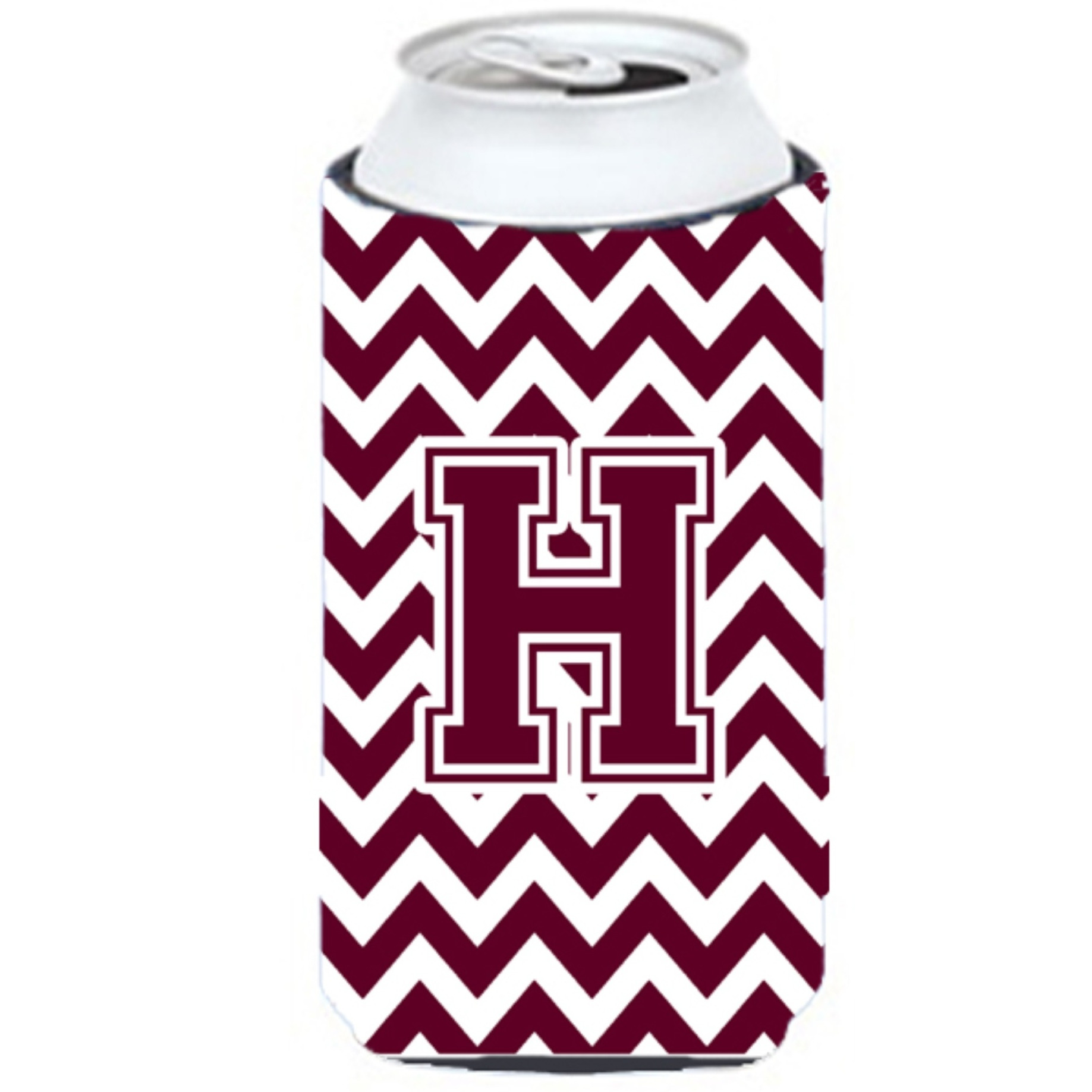 Letter H Chevron Maroon and White  Tall Boy Beverage Insulator Hugger CJ1051-HTBC